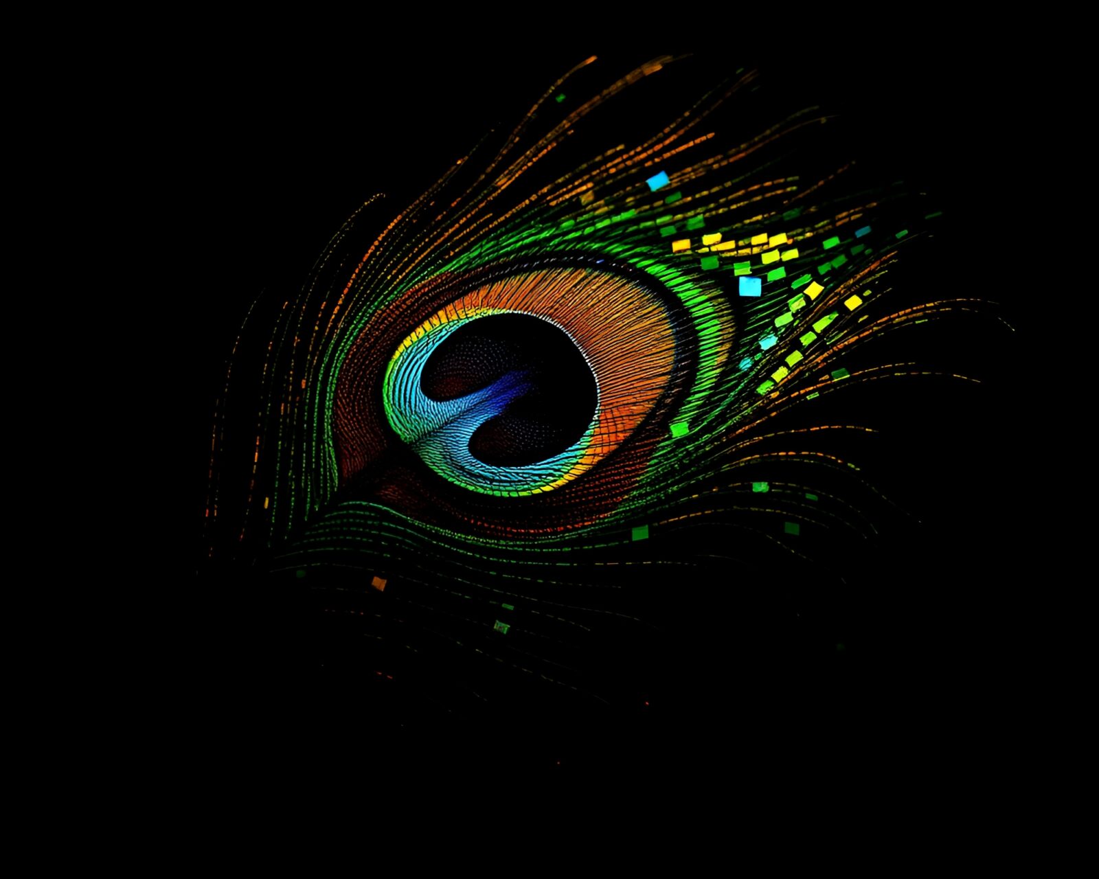 Dramatic rim-lit peacock feather in intricate mosaic layout