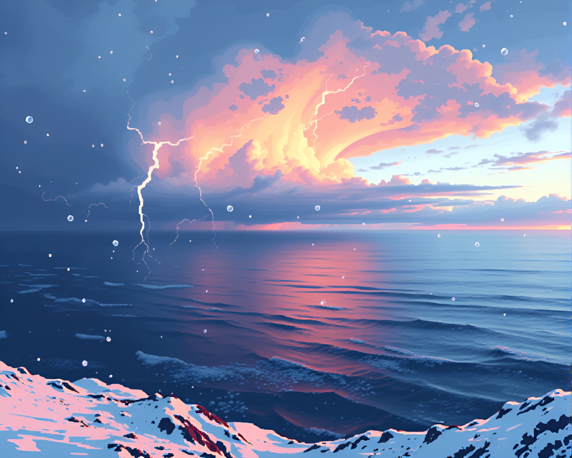 Thunderstorm Panorama: Snowy Pixel Ocean – free AI stock image