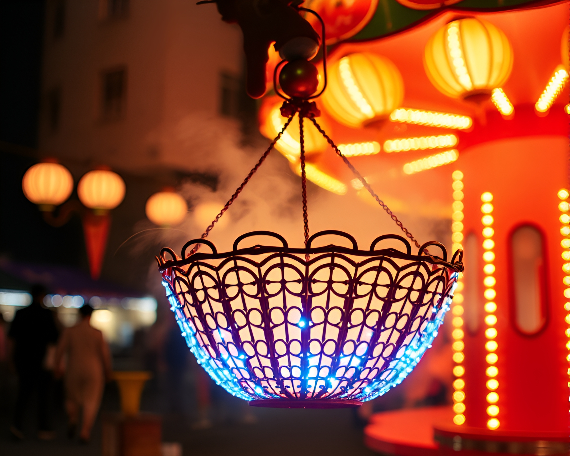 Zoom Burst Dim Sum Delight with Carnival Lights – free AI stock image