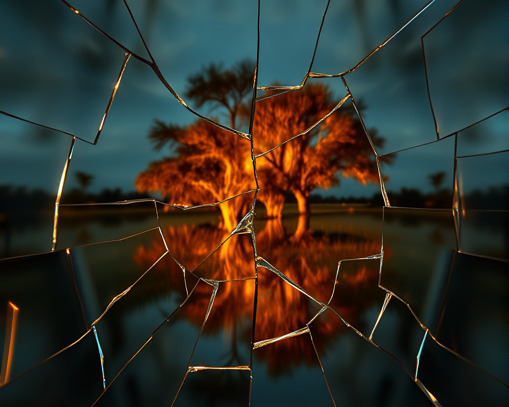 Glitched Reflections: Broken Glass Safari Sunset – free AI stock image