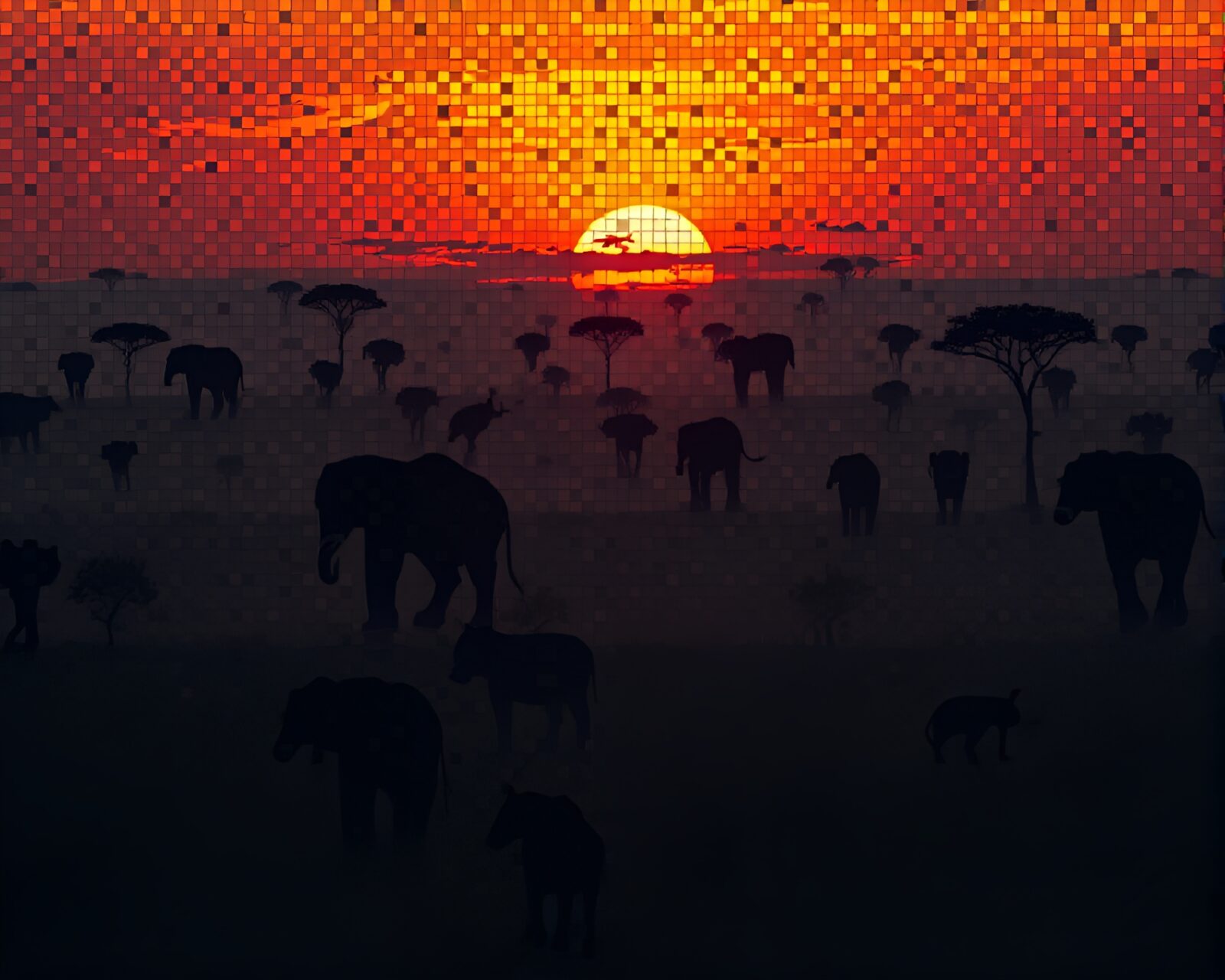 Vibrant sunset over cybernetic savanna in mosaic tiles