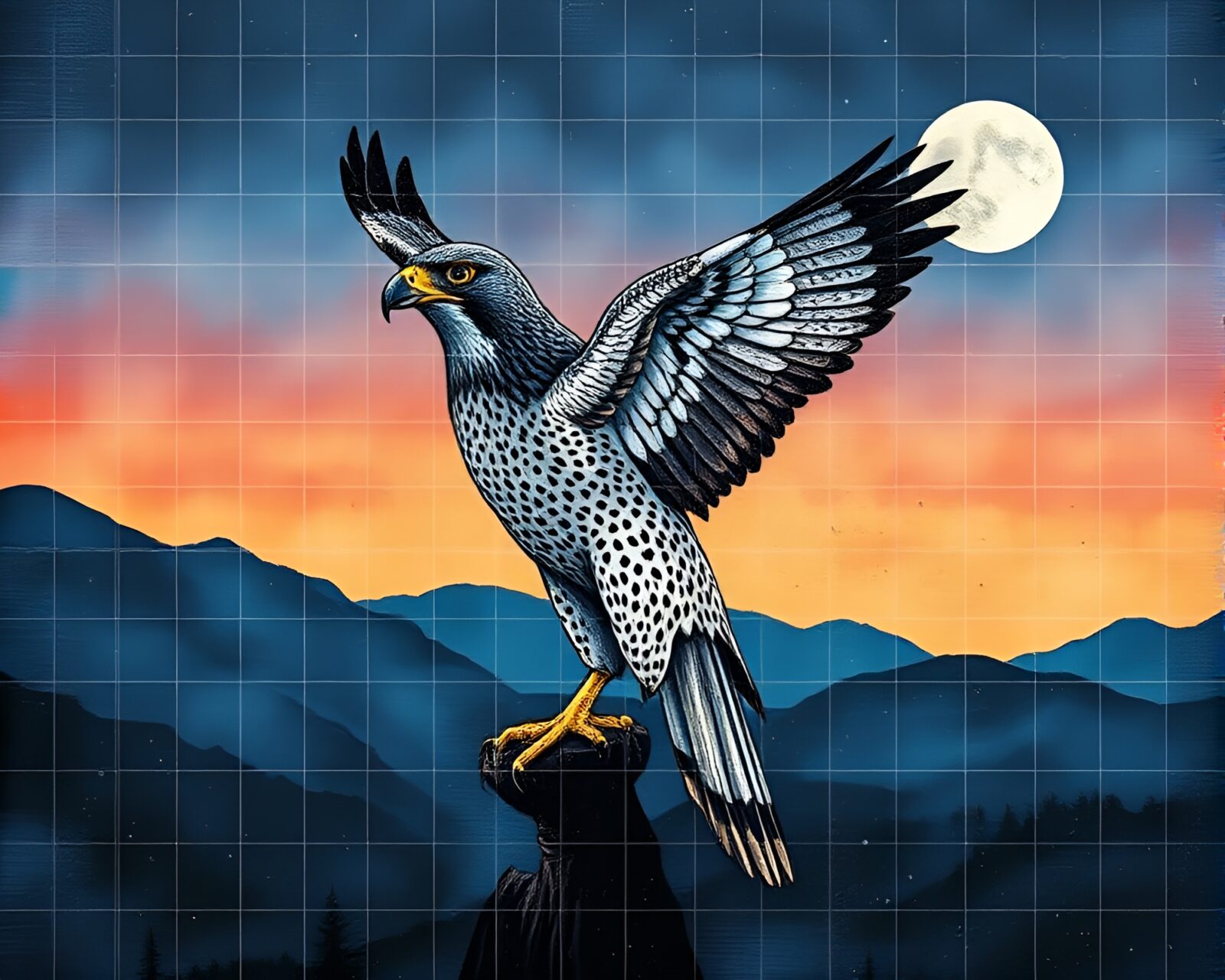 Abstract image of a falcon flying in twilight with grid overlay