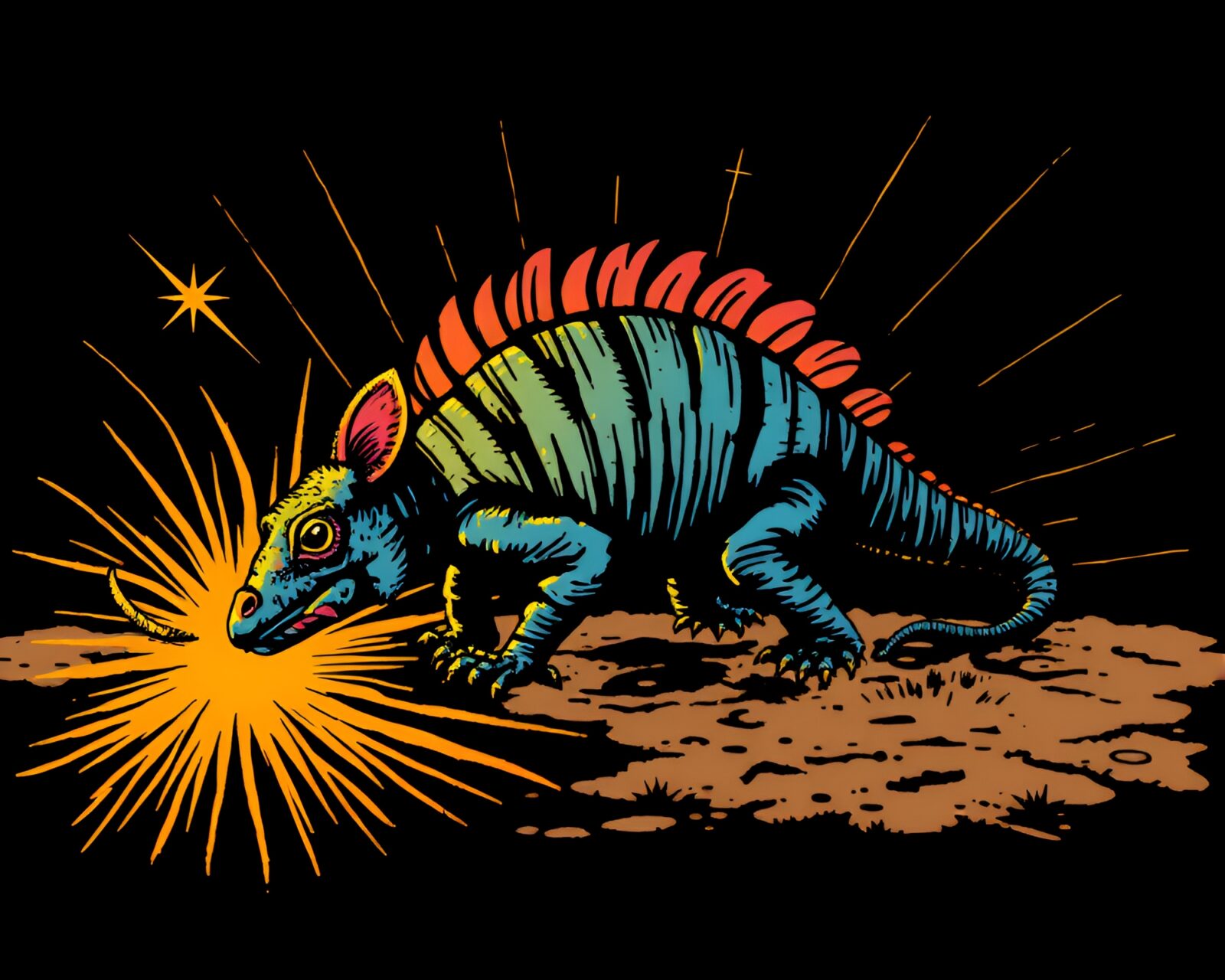 Colorful pixelated armadillo surrounded by scratch textures and bright hues