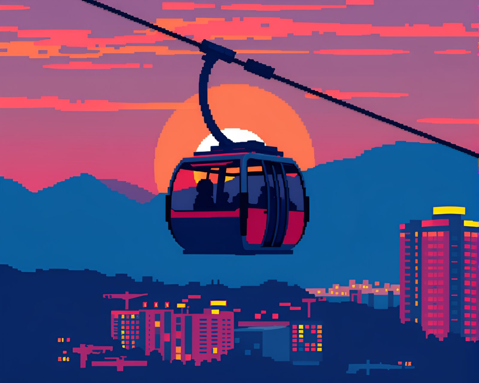Colorful 8-bit gondola lift at sunset