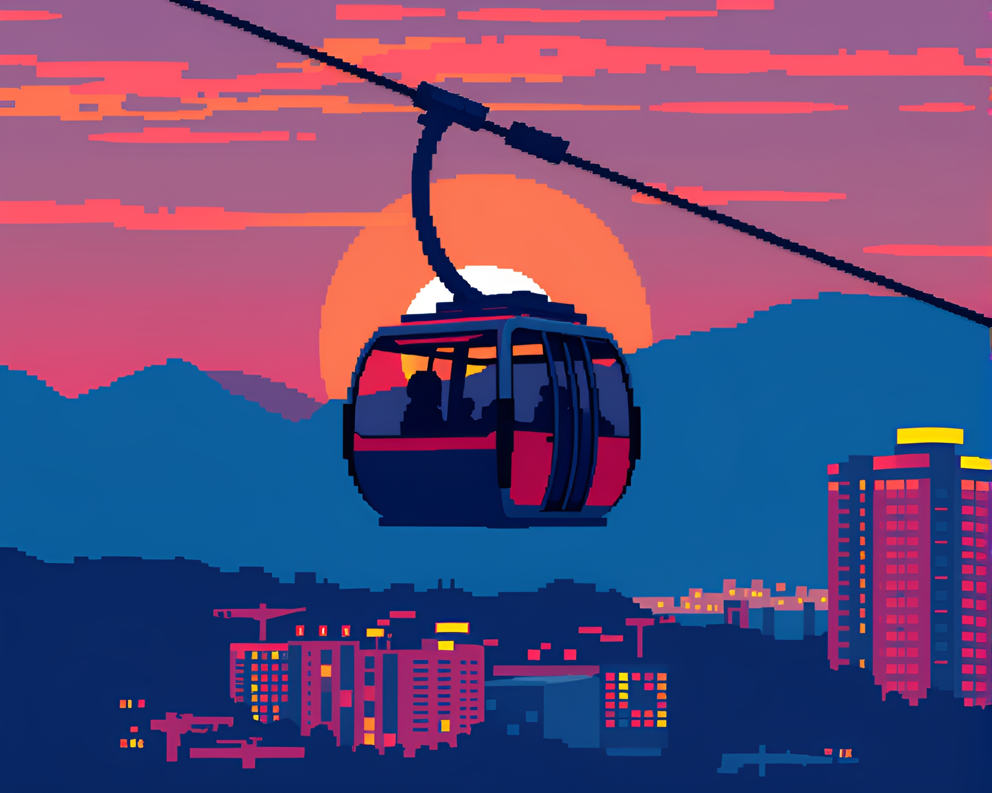 Sunset Gondola Lift in 8-Bit Art Style – free AI stock image