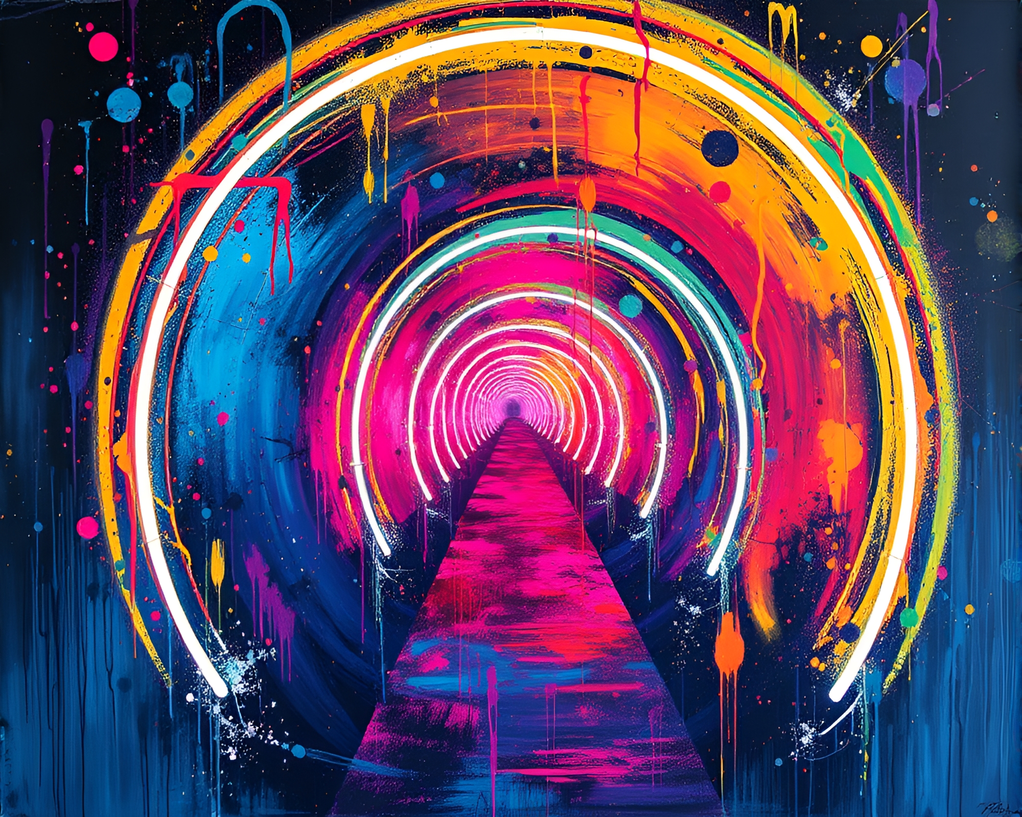 Neon Graffiti Glass Tunnel in Action Painted Acrylic Spatters – free AI stock image