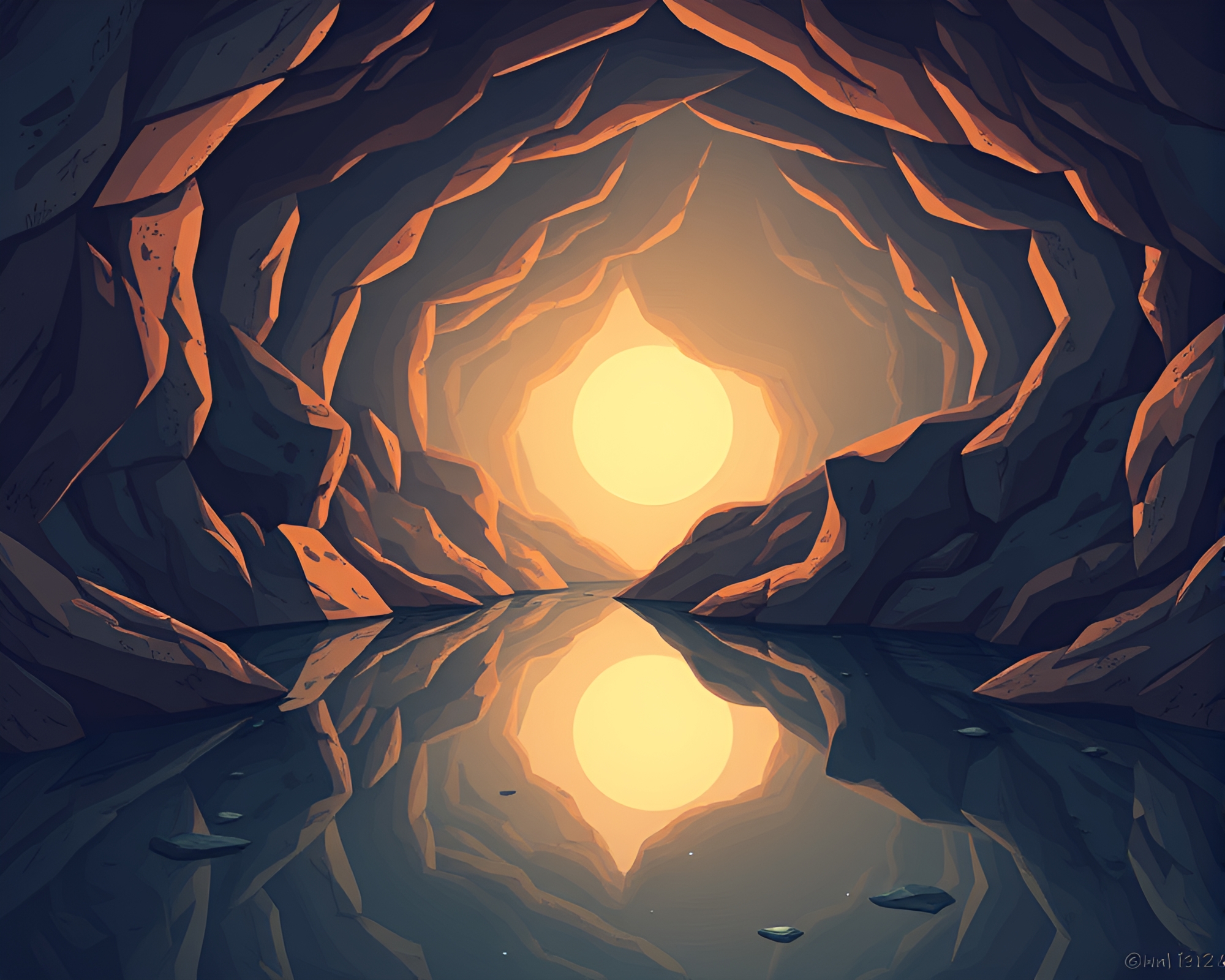 Cartoon Double Reflection in Dreamy Cavern – free AI stock image