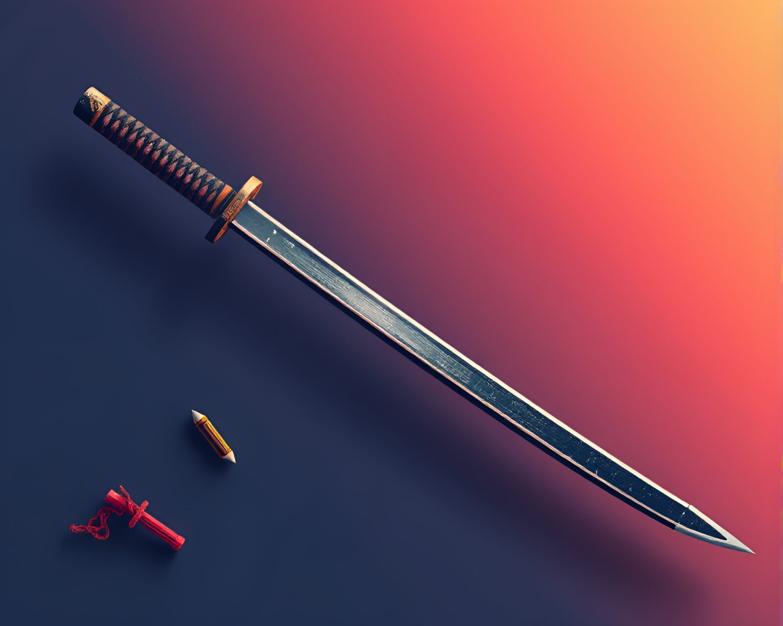 Pastel gradient isometric samurai sword illustration in scratch textures