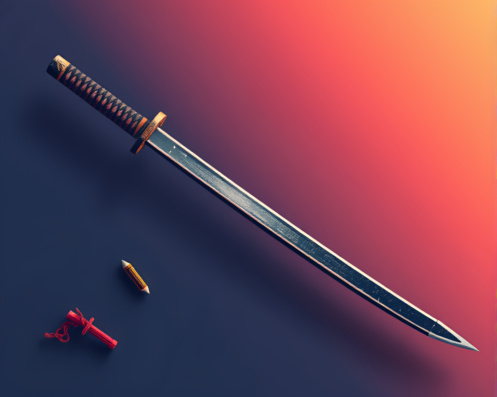 Samurai Sword Isometric Illustration with Pastel Scratch Textures – free AI stock image
