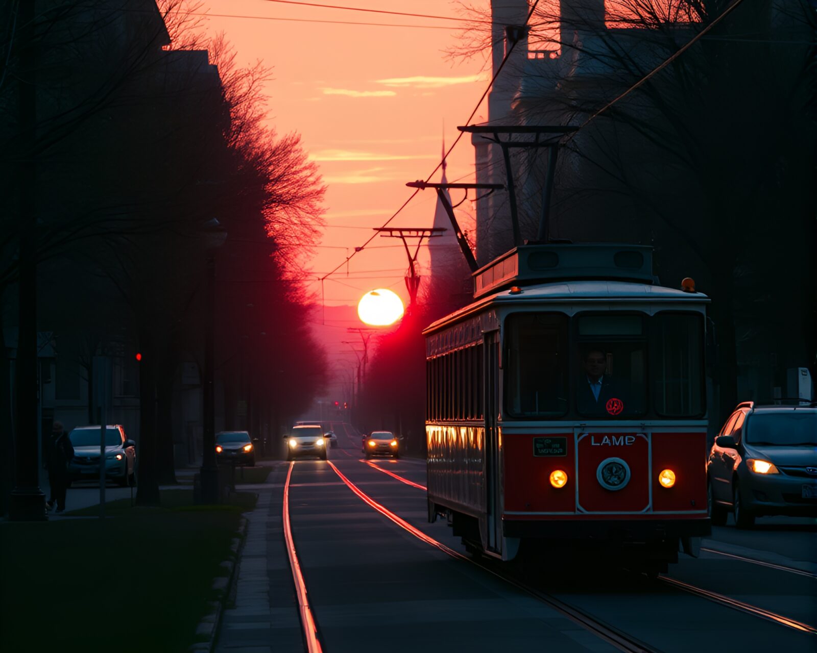 Cable car gliding through pink sunrise hue