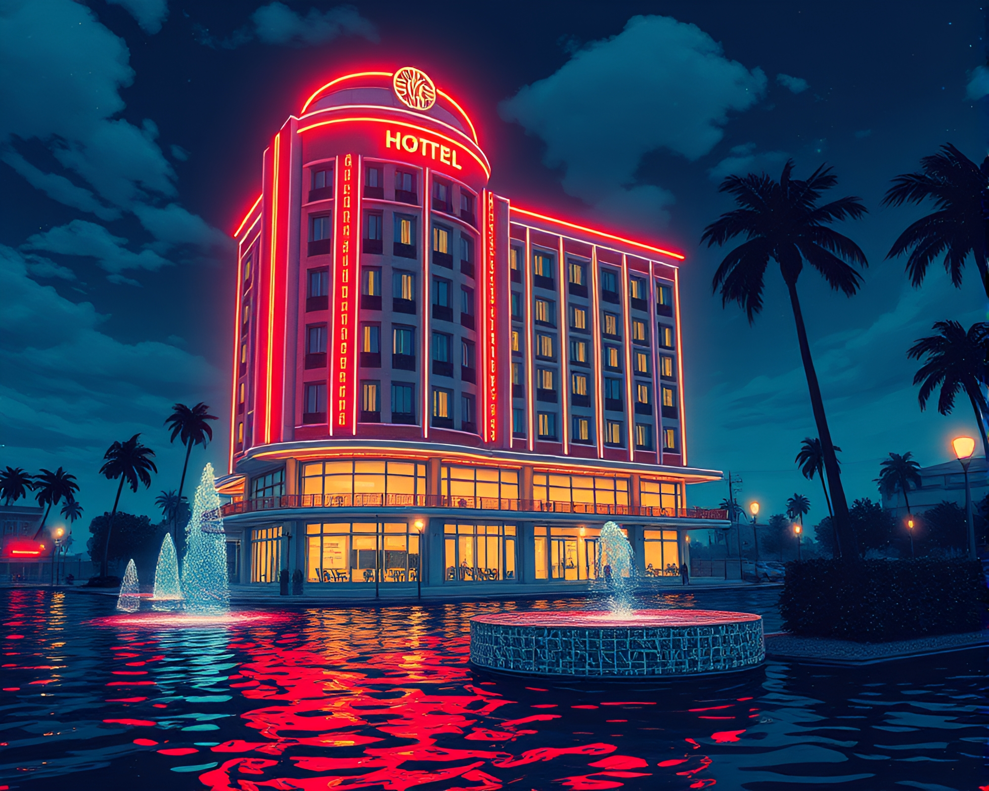 Art Deco Hotel Reflected in Distorted Water Manga Style – free AI stock image