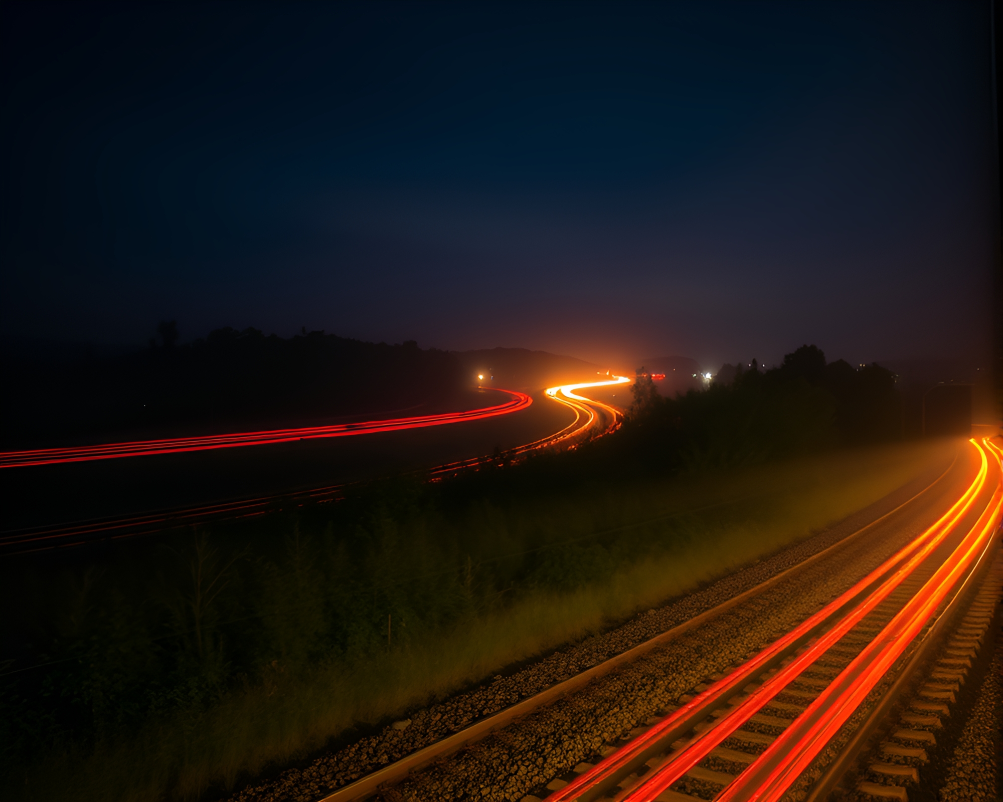 Train Light Trails Through Dawn Mist Sky Garden – free AI stock image