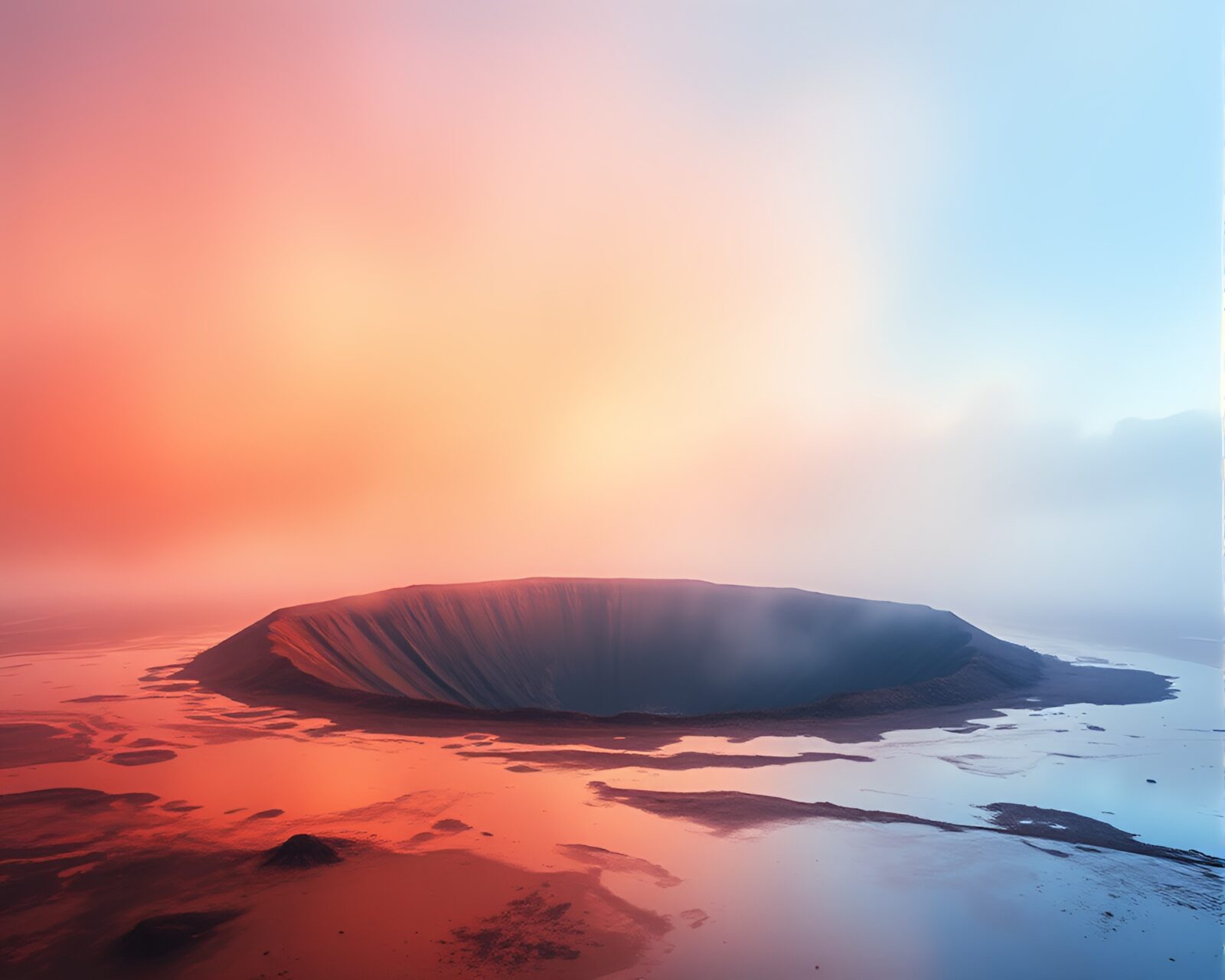 Colorful abstract painting of volcano crater reflecting in dreamy haze