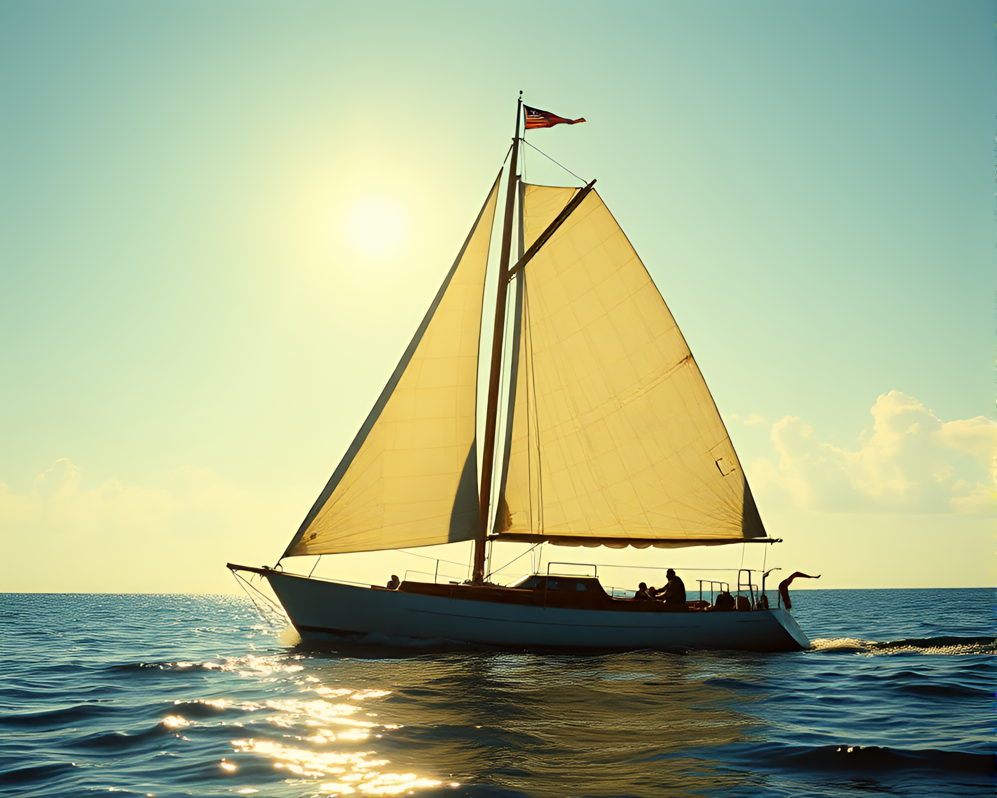 Gilded Solar Sailboat Glows in Film Grain Seascape – free AI stock image