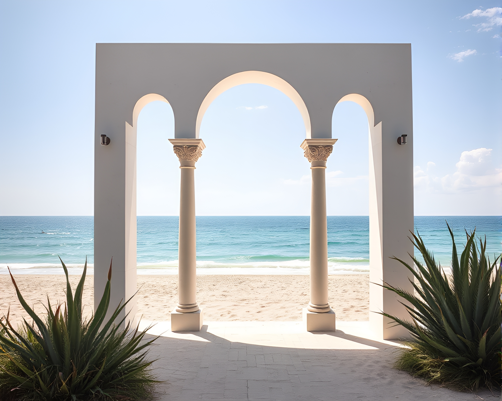 Maximalist Beach Architecture Framed in Topaz Light – free AI stock image