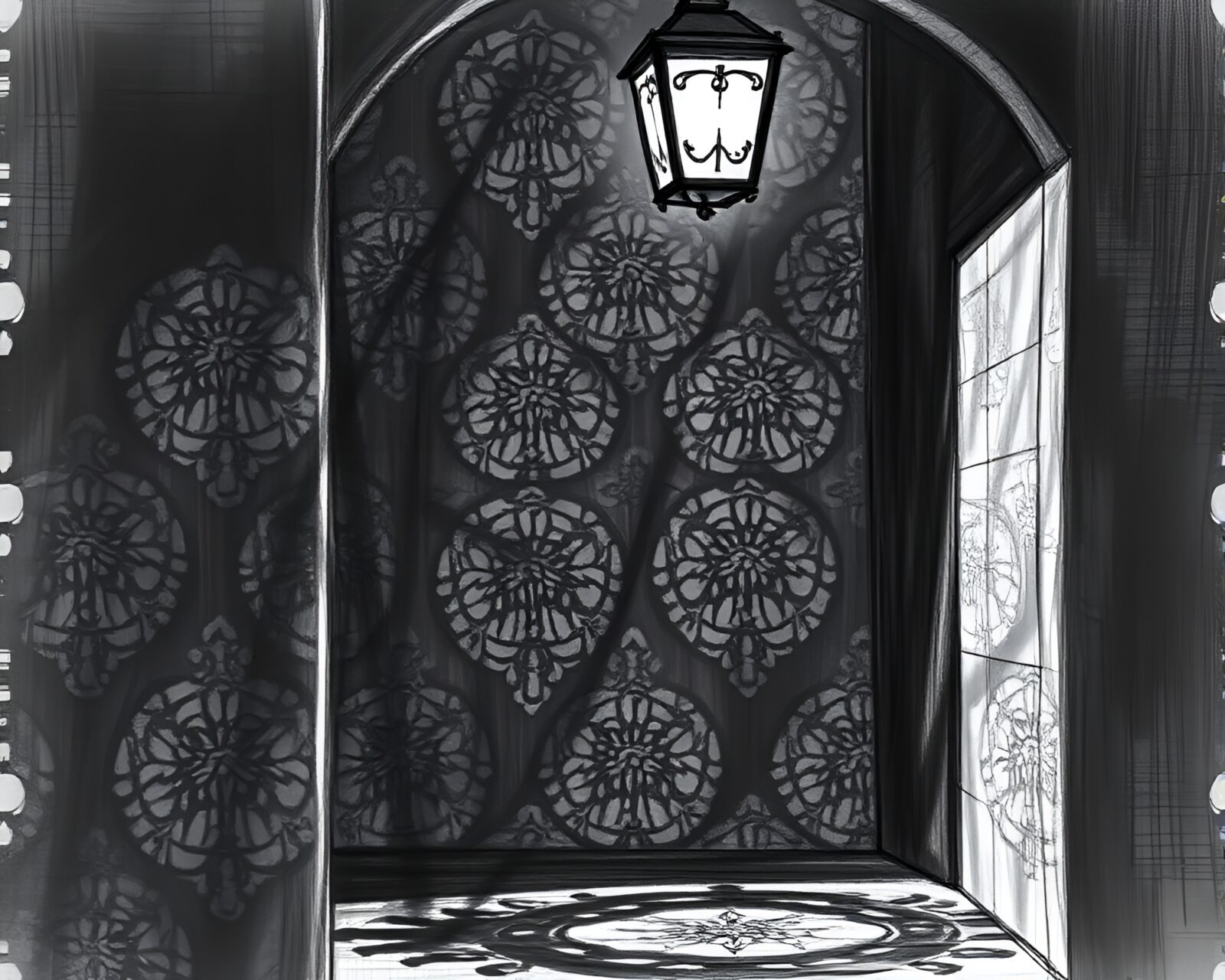 Detailed charcoal sketch with warm porchlight ambiance