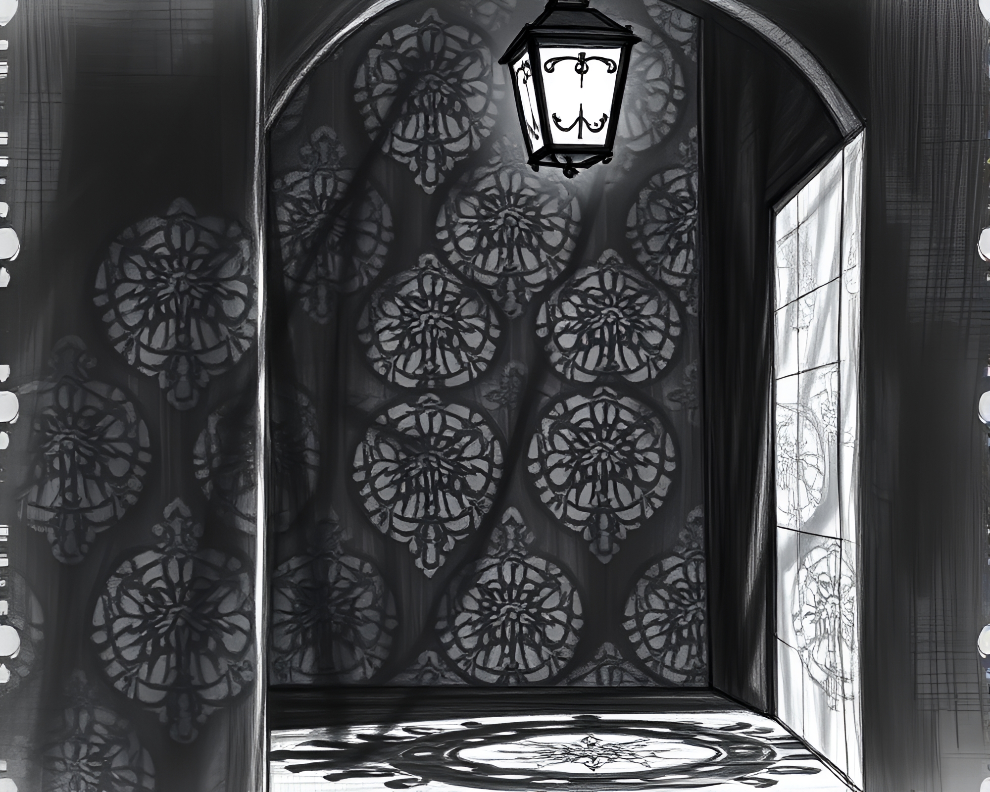Intricate Charcoal Drawing Illuminated by Porchlight Warmth – free AI stock image