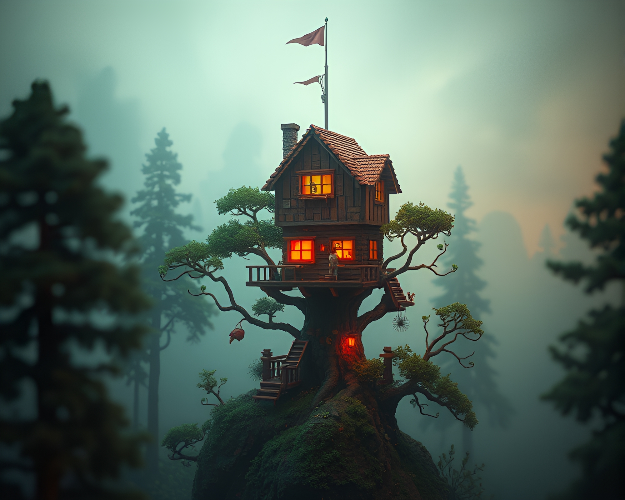 Enchanted Voxel Treehouse in Smoky Mosaic Twilight – free AI stock image