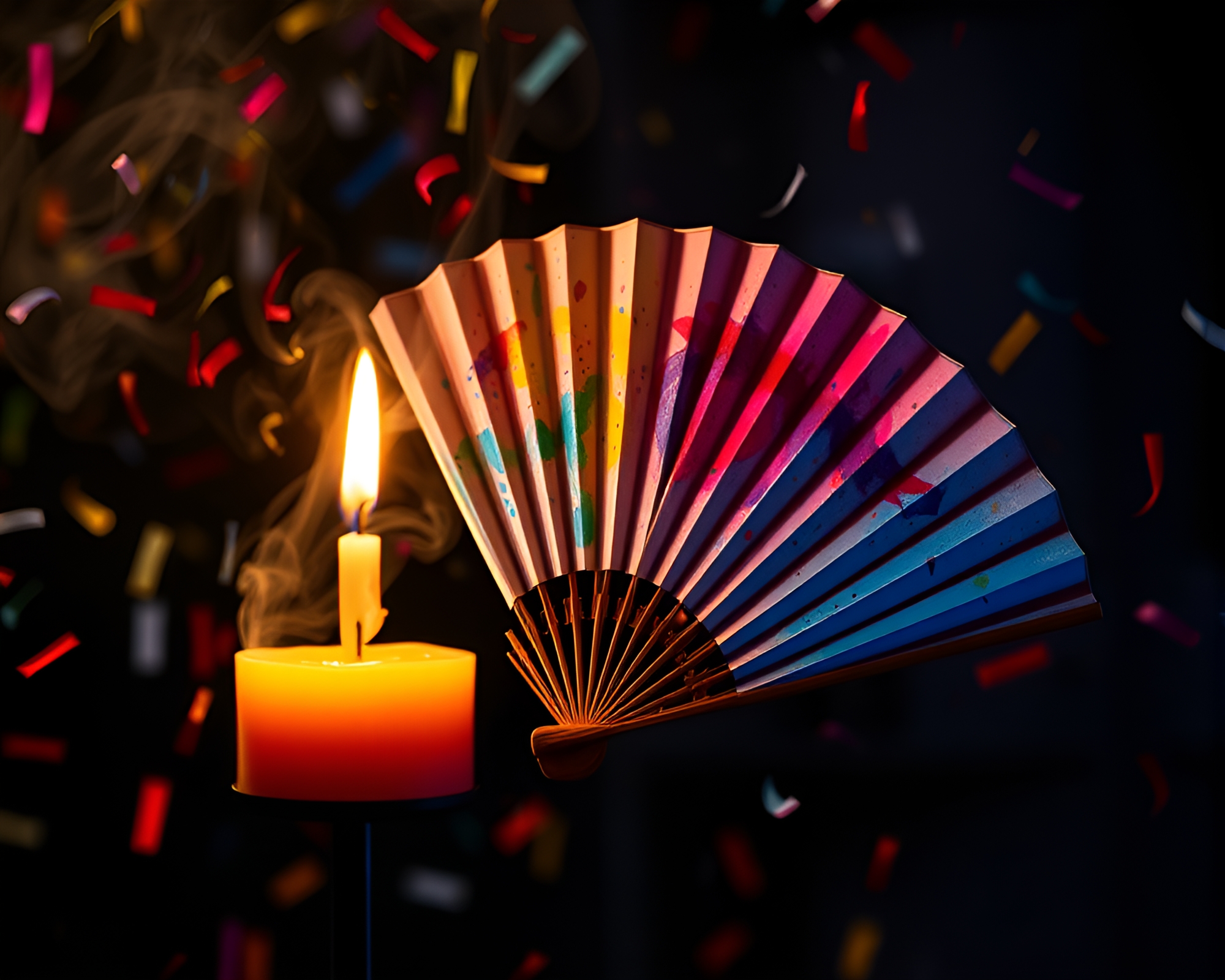 Hand-Painted Fan Amidst Candle Smoke Confetti Burst – free AI stock image