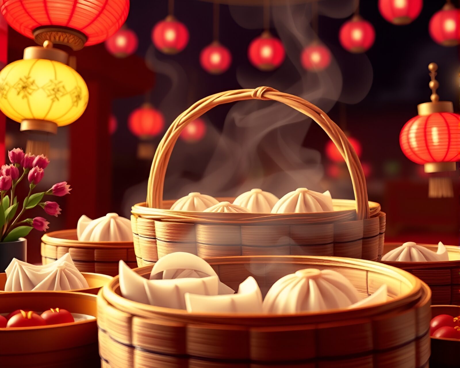 Low-angle view of colorful dim sum basket in vector art style