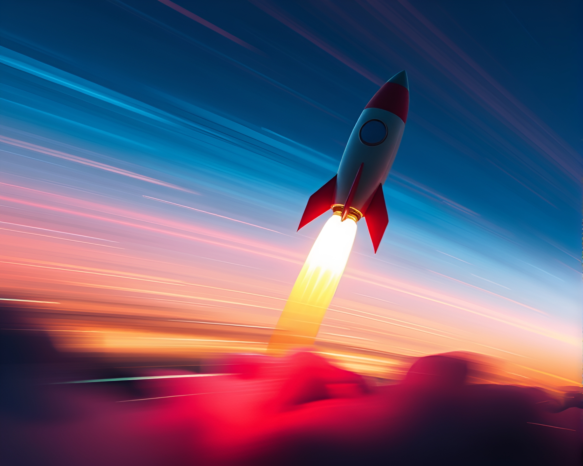 Rocket zooming through digital twilight with motion blur streaks – free AI stock image