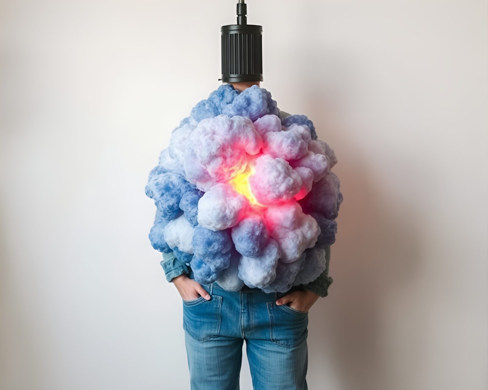 Vibrant explosion cloud with lamp in misty blue setting