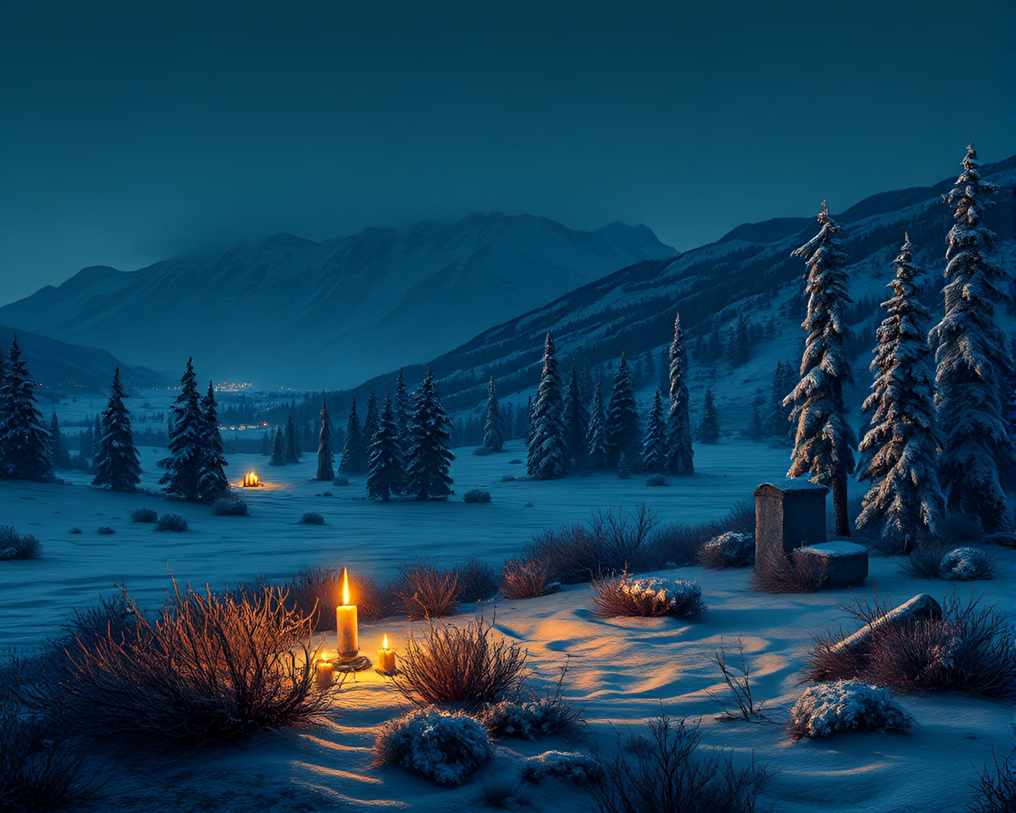 Engraved Northern Tundra Grid Overlay Candlelit Scene – free AI stock image