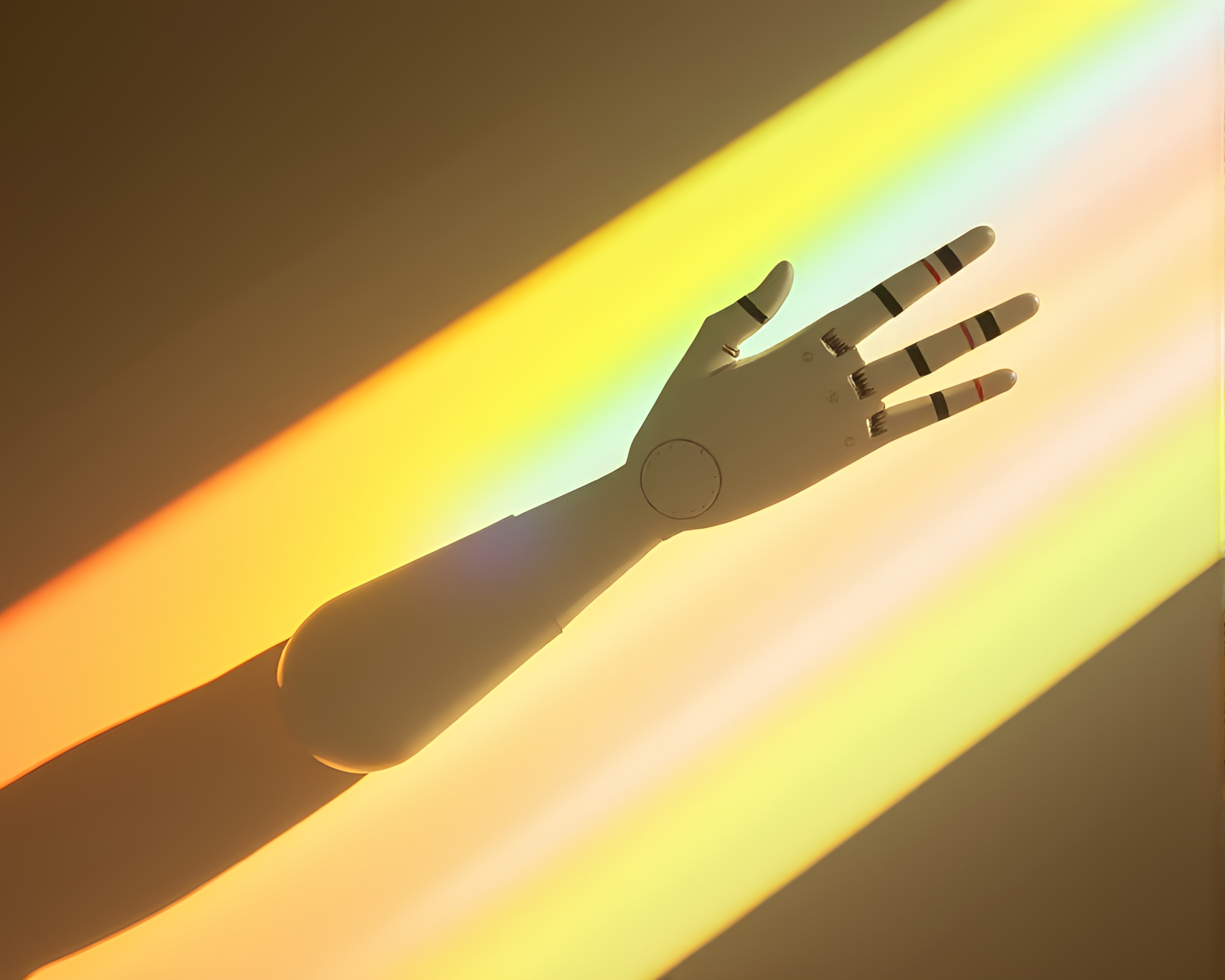 Robotic Arm Casting Cosmic Rainbow Stencil Shadows – free AI stock image