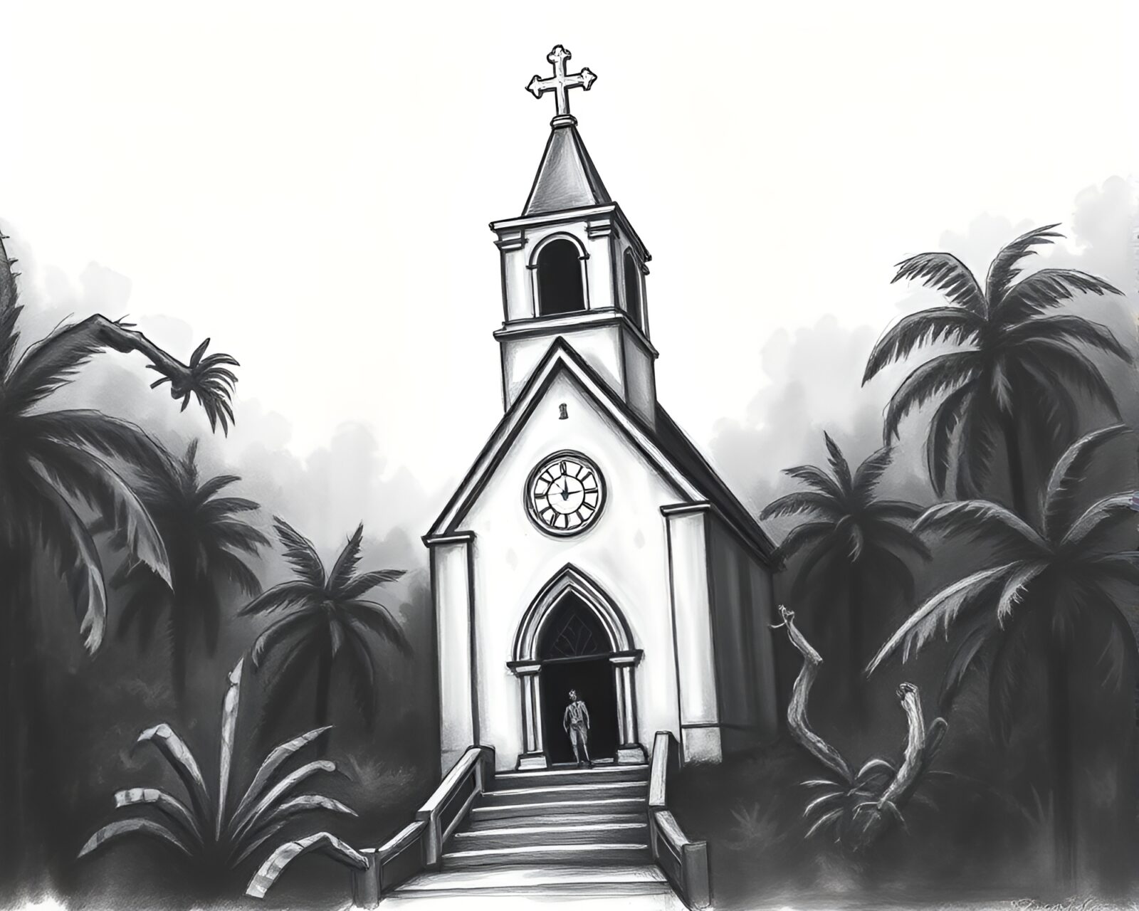 Cherubs in candlelit jungle cathedral sketch with lens flare