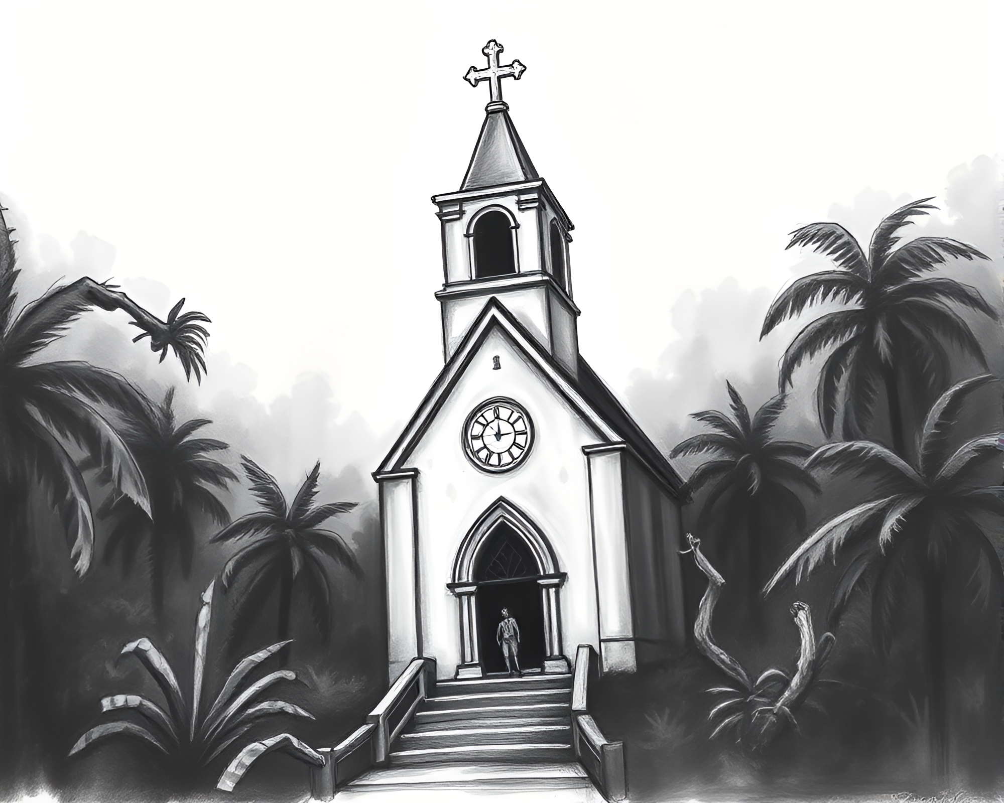 Sunlit Jungle Cathedral: Charcoal Sketch – free AI stock image