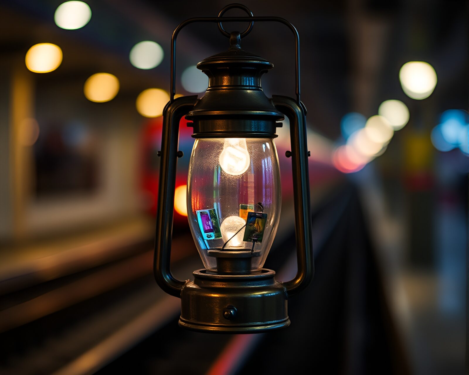 Glowing train in prism light under miniature style