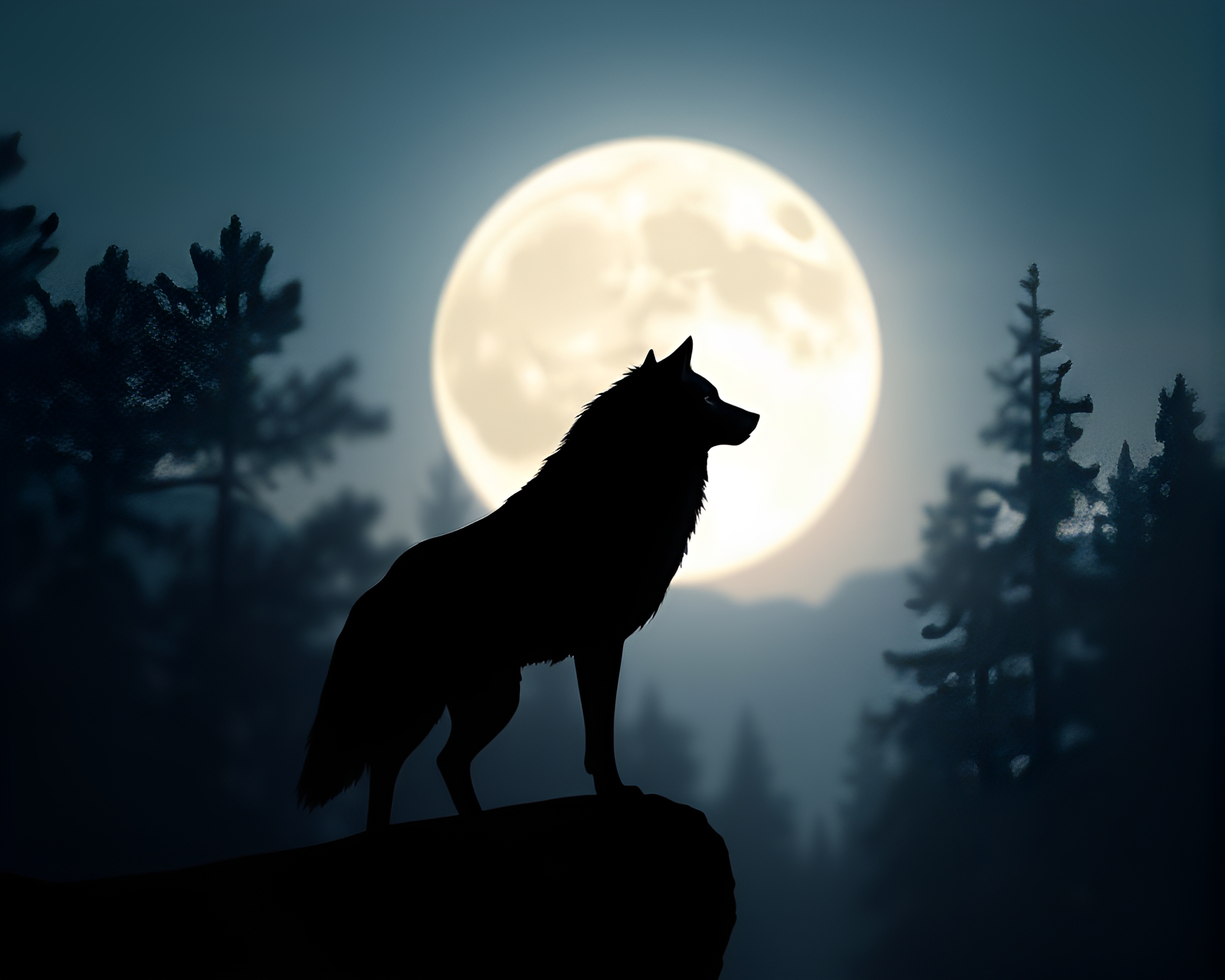 Moonlit Wolf Backlit Silhouette Illustration – free AI stock image