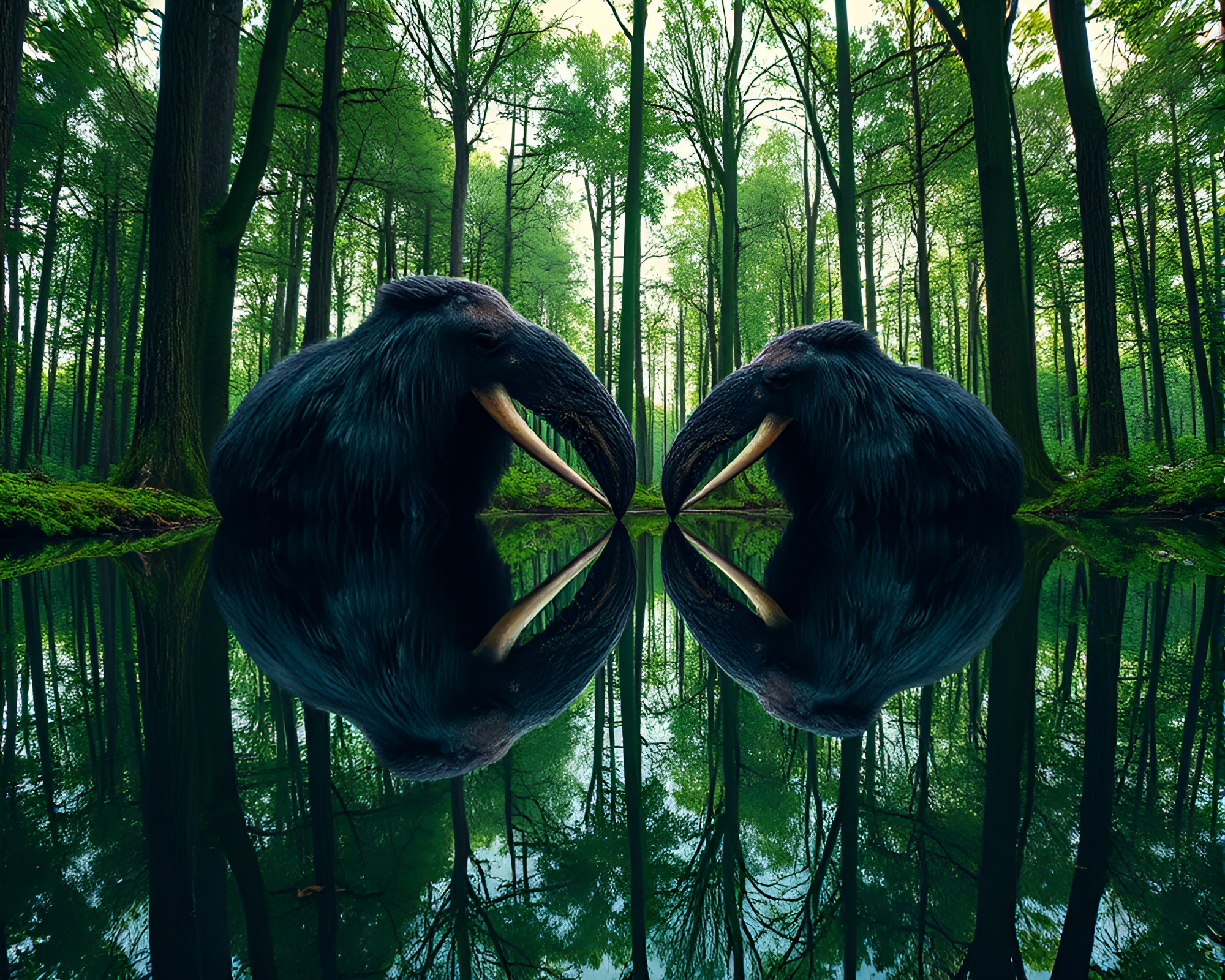 Enchanted Walrus Reflection in Green Forest Waters – free AI stock image