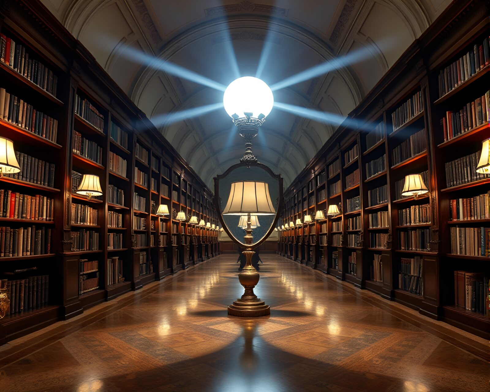 Mirror symmetry themed shield in a library setting with warm lamp light