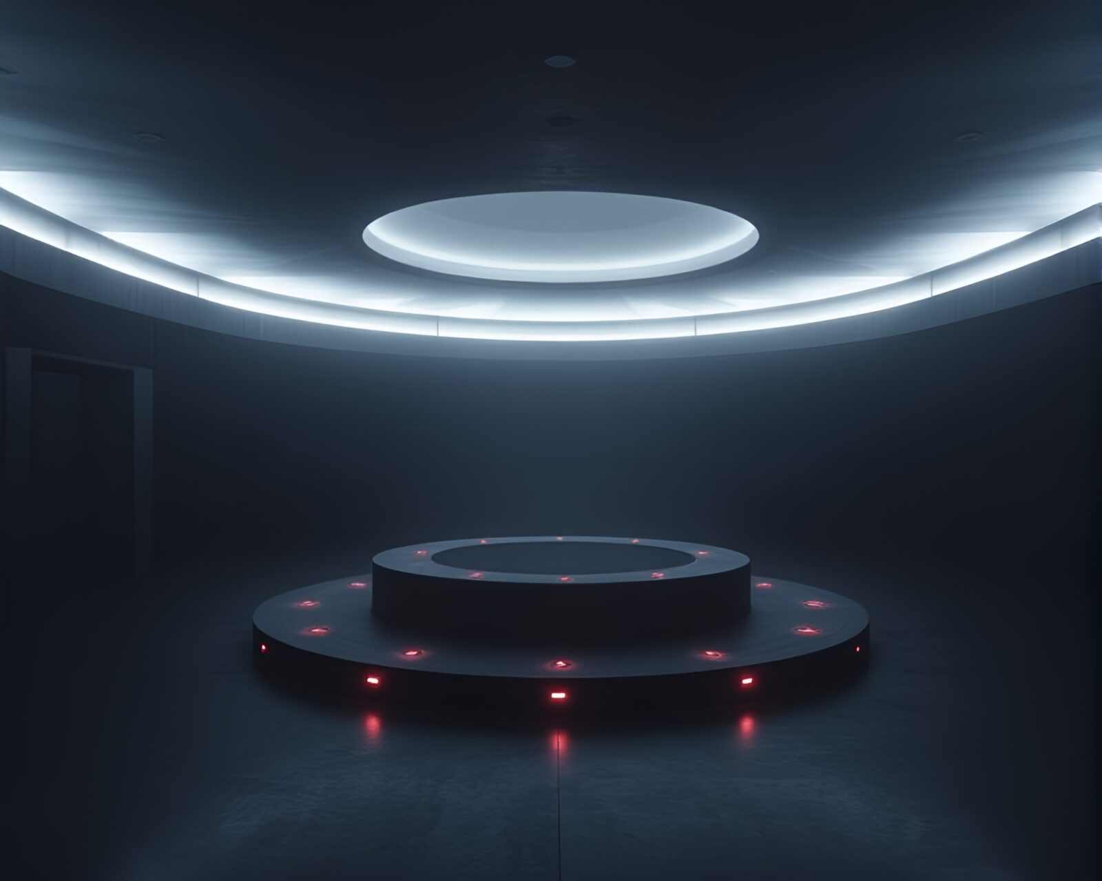 A dimly lit room with a futuristic reactor off-center
