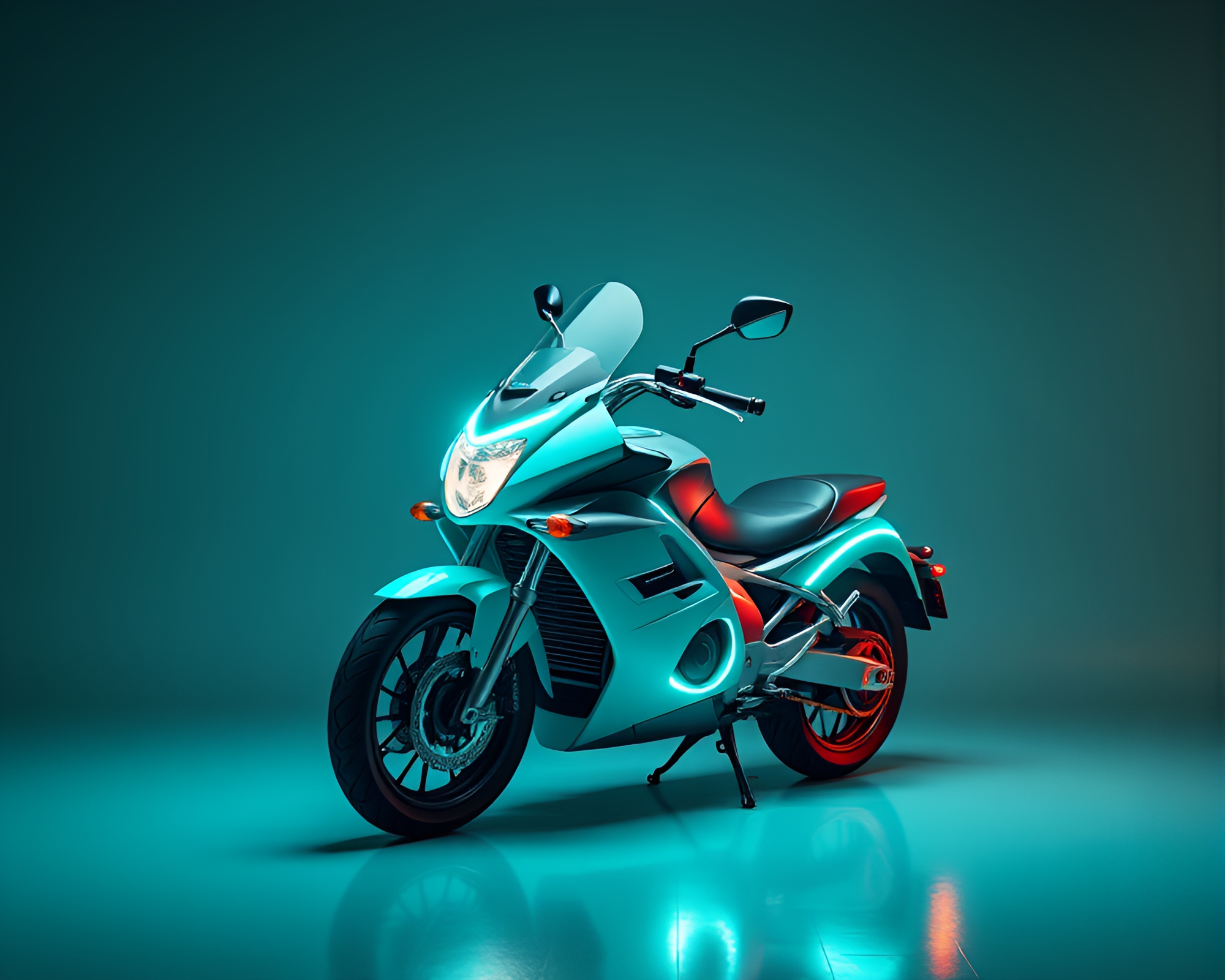 Teal Neon Motorcycle Reflection: An Ecorche Study – free AI stock image