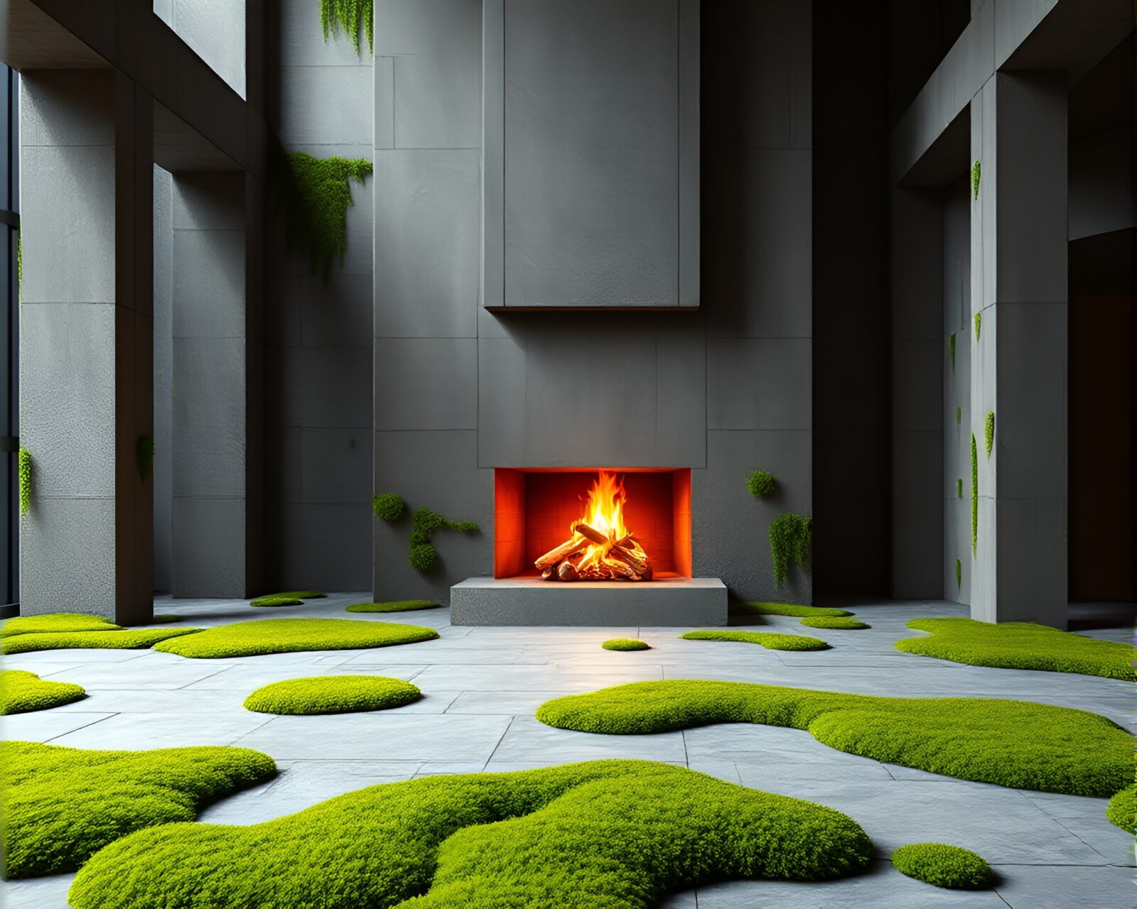 Abstract vector art of brutalist building covered in moss with flickering fireplace