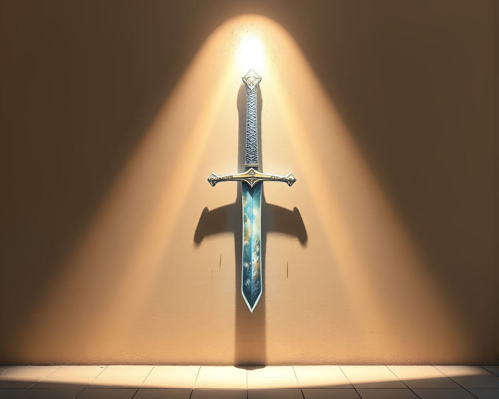 Graffiti sword mural illuminated in off-white real-time lighting
