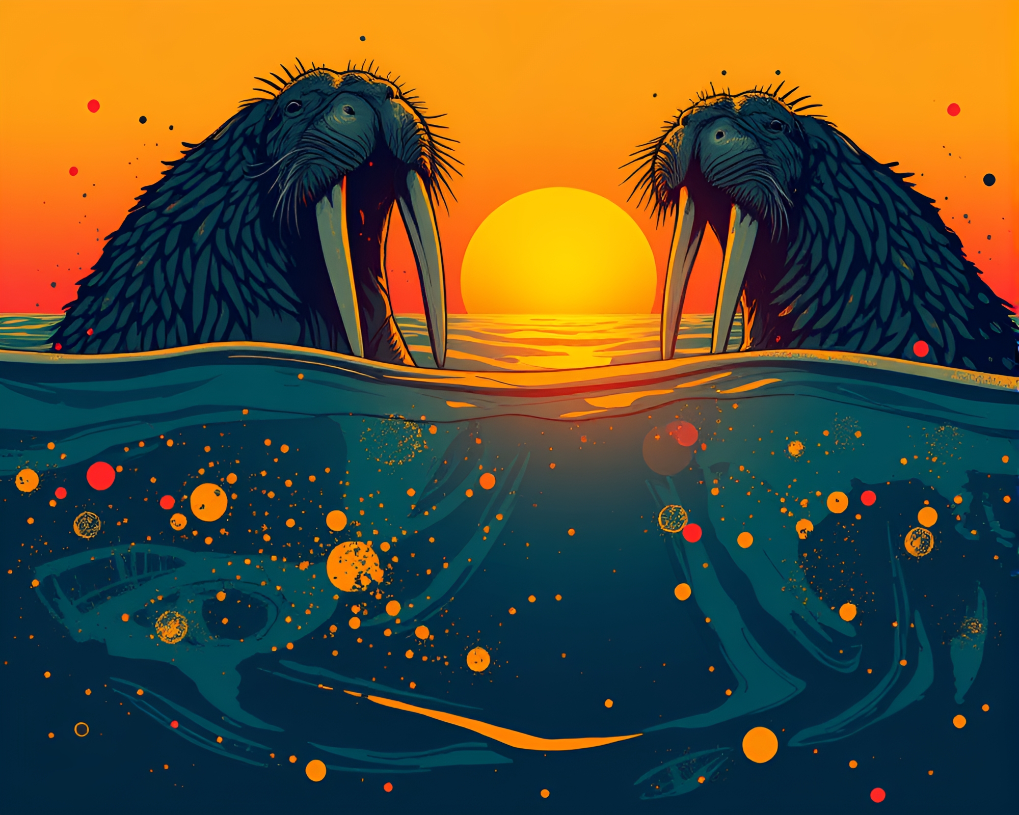 Splatter Art Walrus at Golden Hour Dusk – free AI stock image