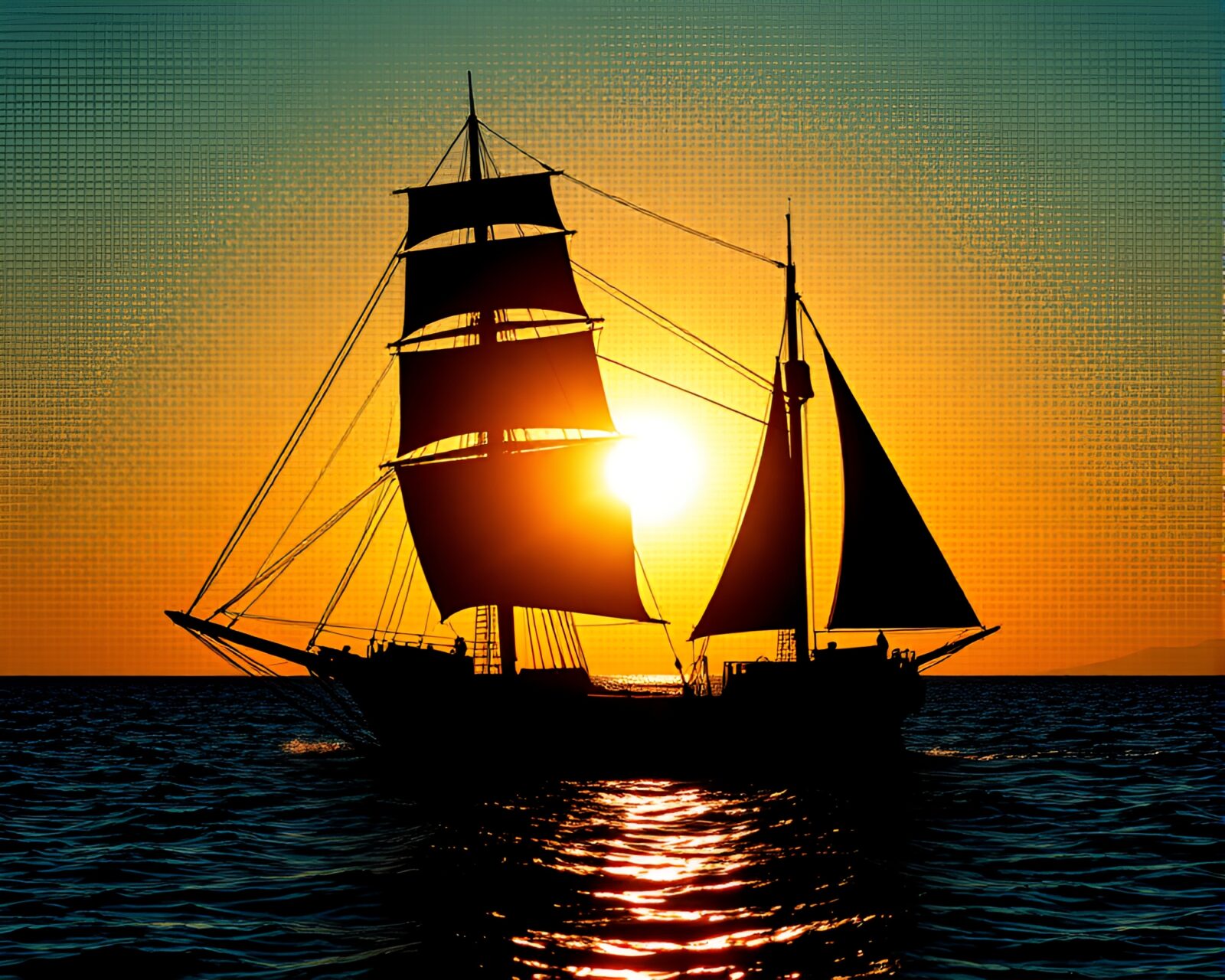 Backlit classic sailing ship on halftone grid background at sunset