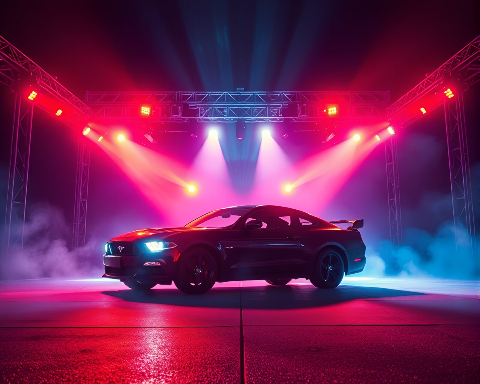 Spectacular flying car illuminated by concert stage lights