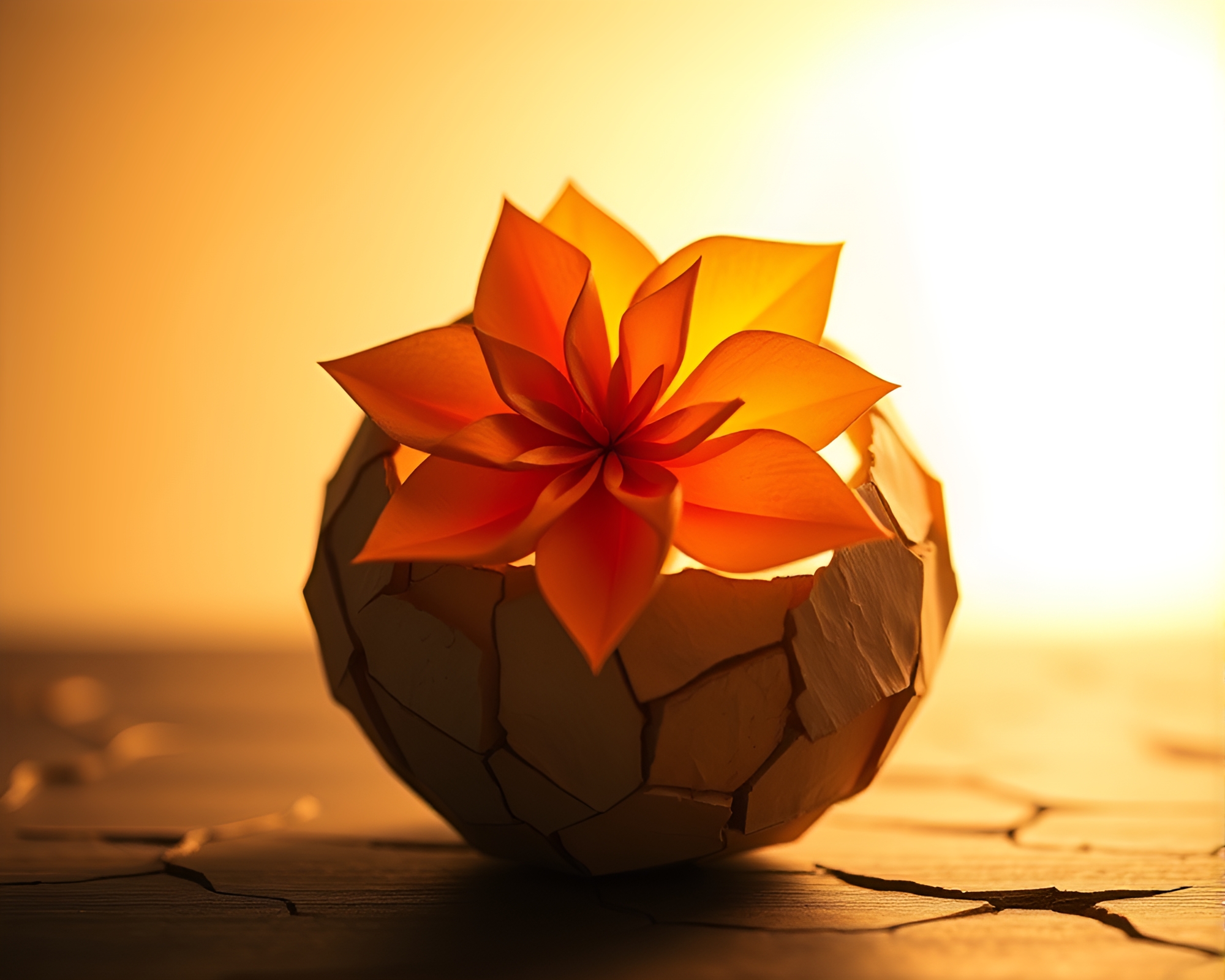Origami Flower on Cracked Earth: Porchlight Serenity – free AI stock image