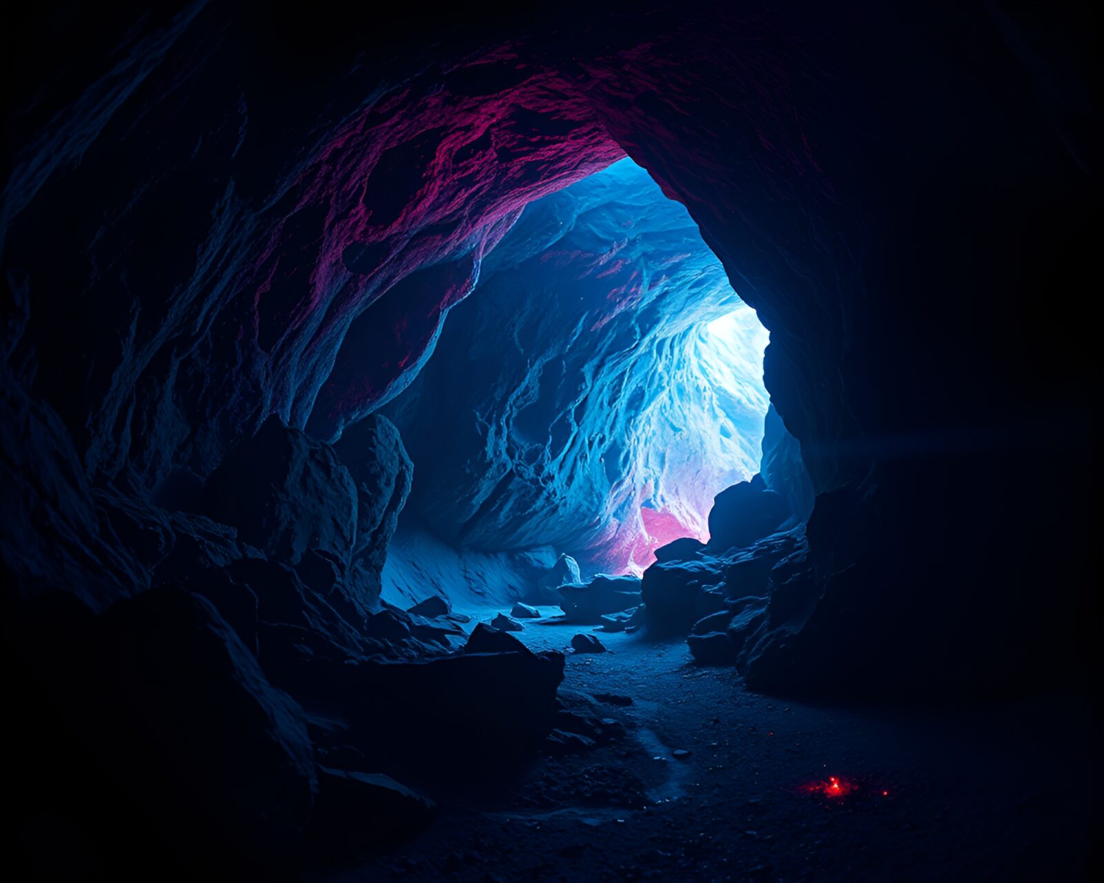 Abstract double exposure cave painting in retrowave style