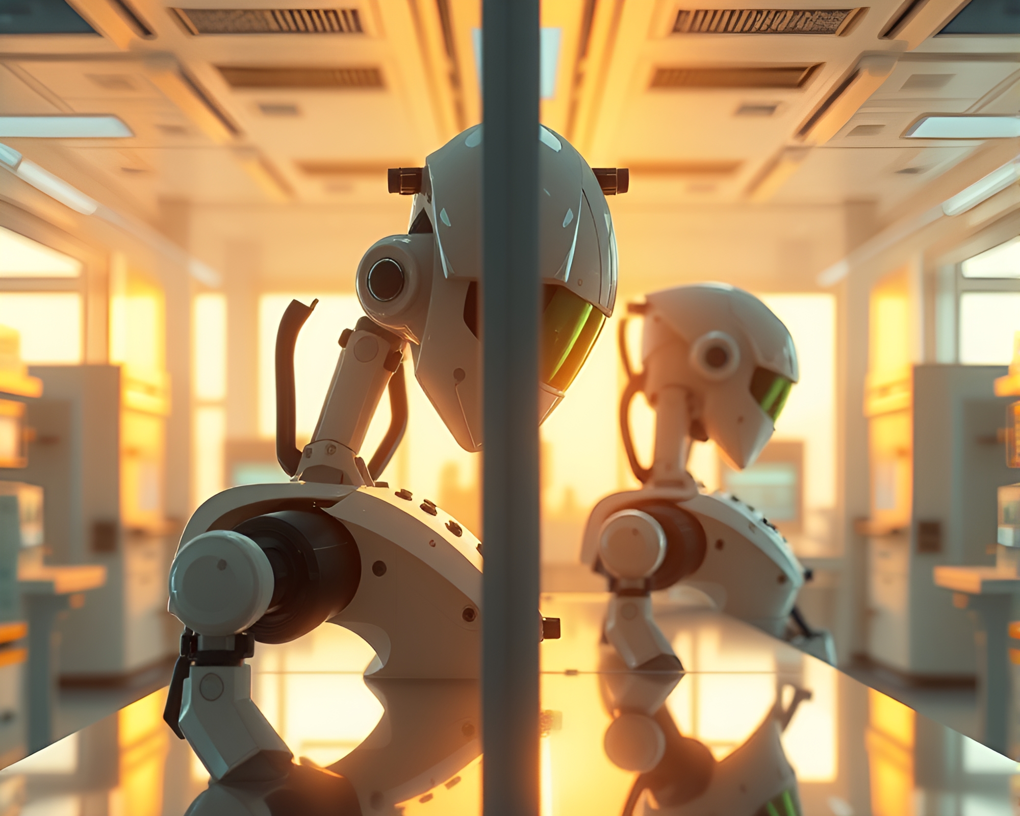 Robotics Laboratory with Mirror Symmetry in Anime Style – free AI stock image