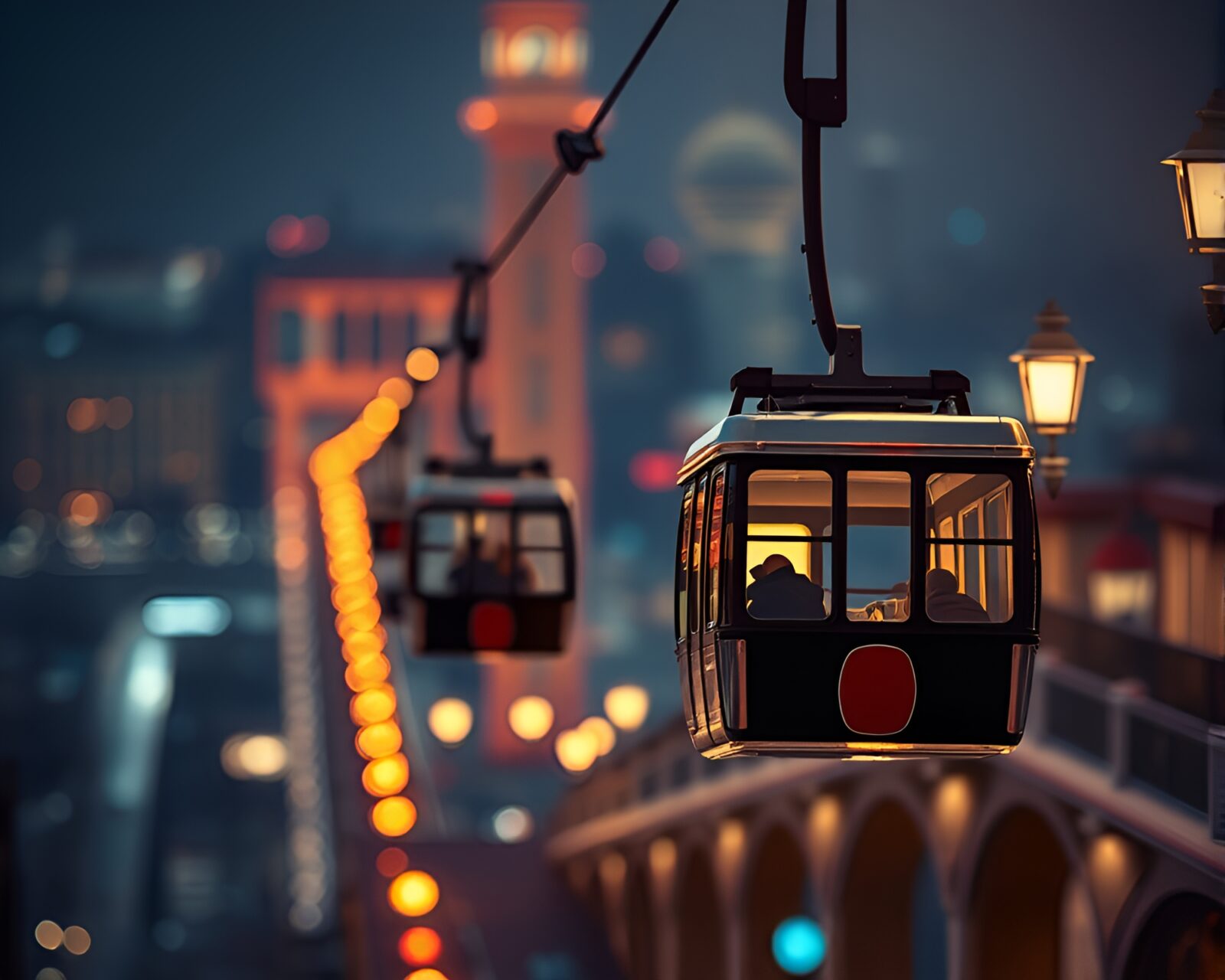 Soft-focus city lights illuminate a gondola lift fashion scene
