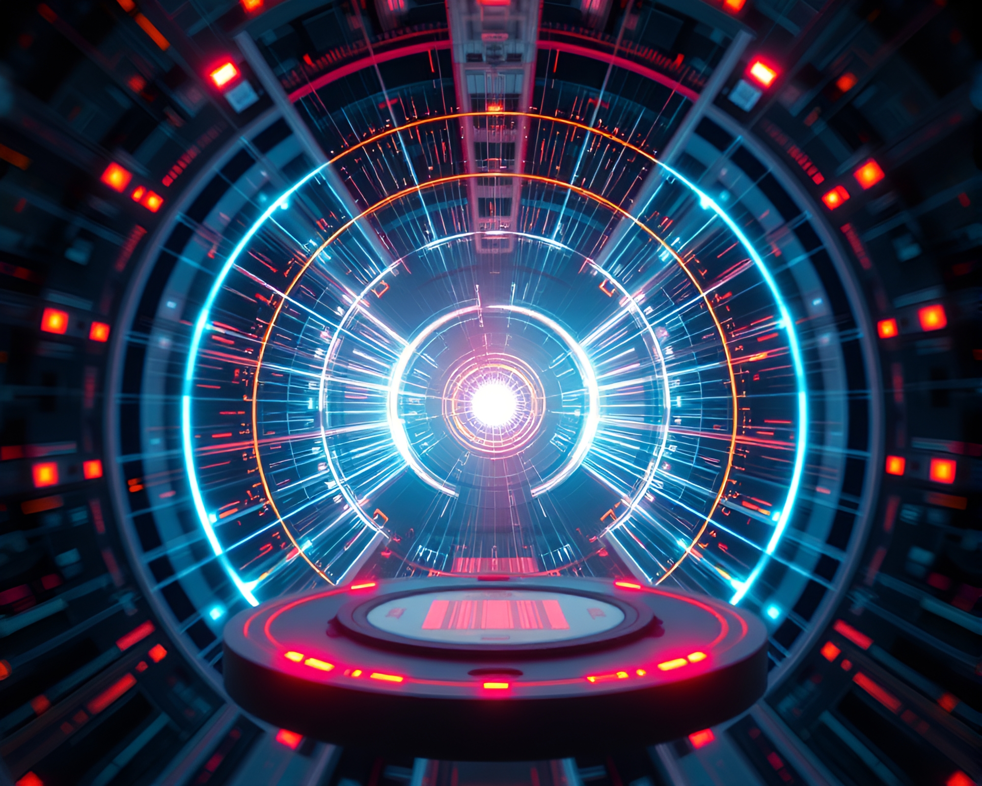 Futuristic Quantum Teleportation Device Center Composition – free AI stock image