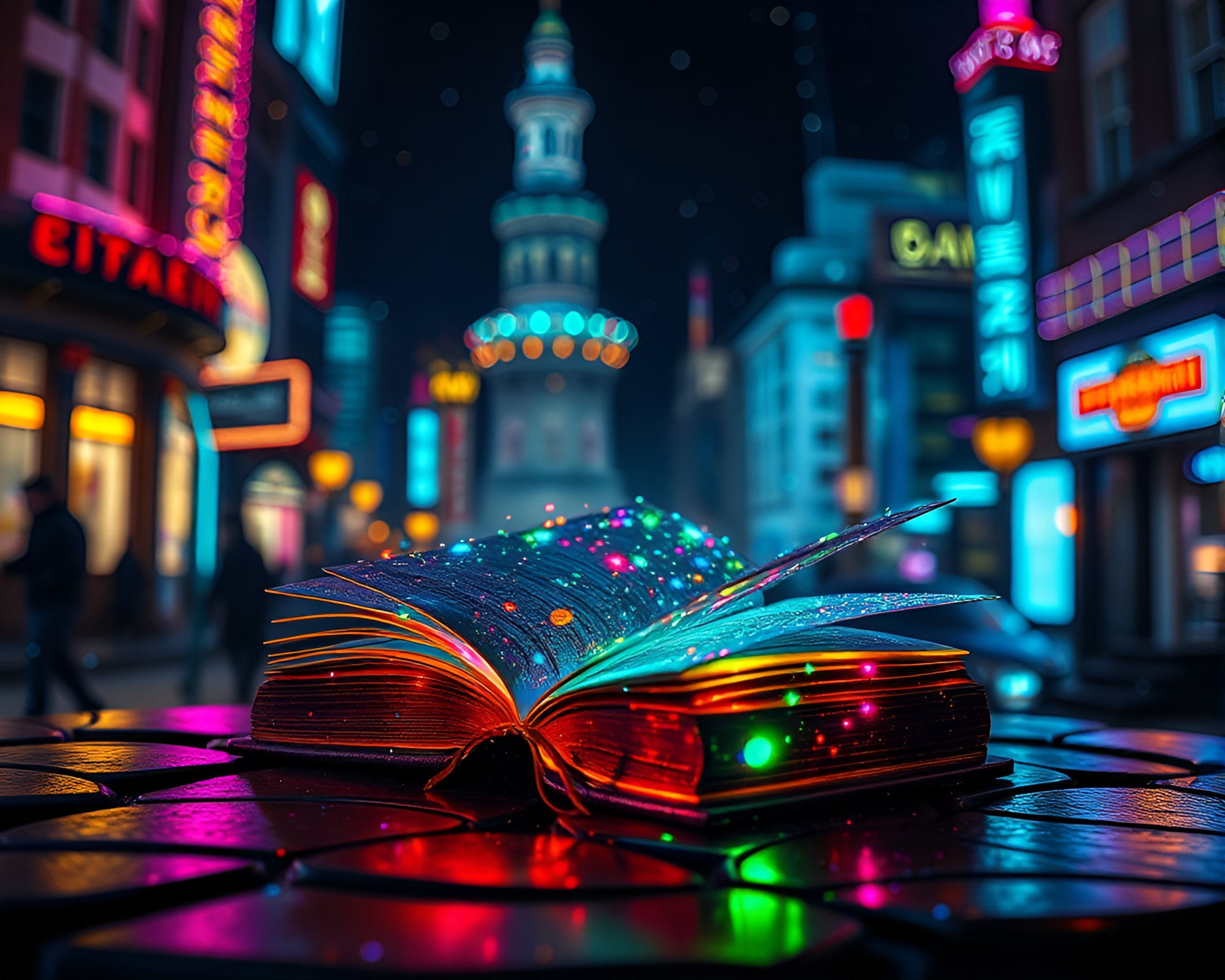 Enchanted Book in Neon City Hologram Stereograph – free AI stock image