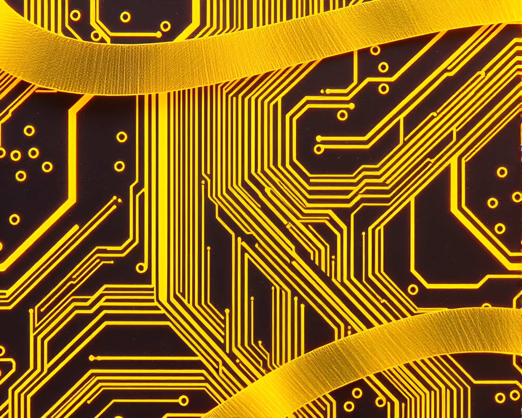 Satiny Lemon Ribbons Weaving Through Circuit Board Traces – free AI stock image
