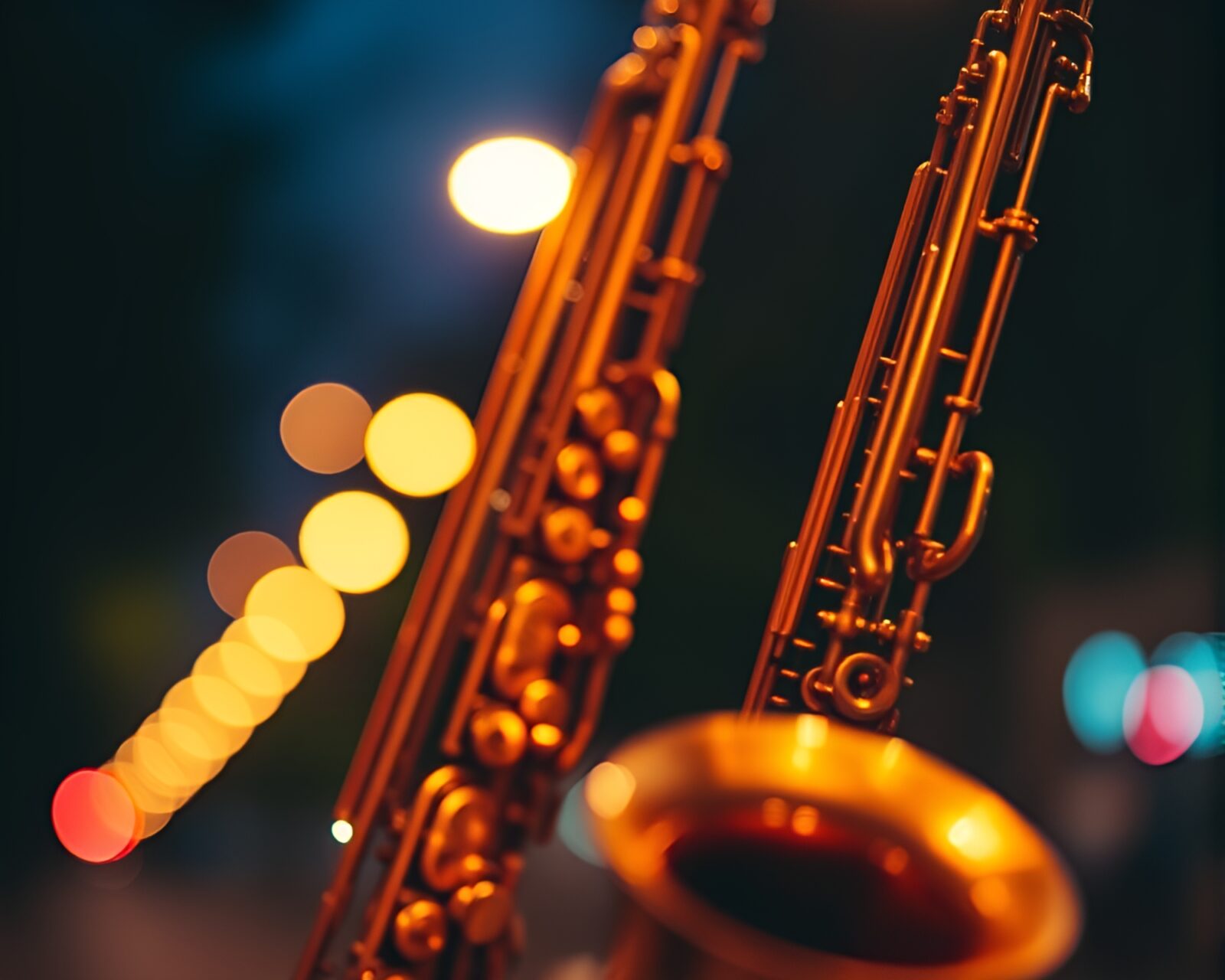 Soft focus image of a pixelated saxophonist under glowing streetlamp