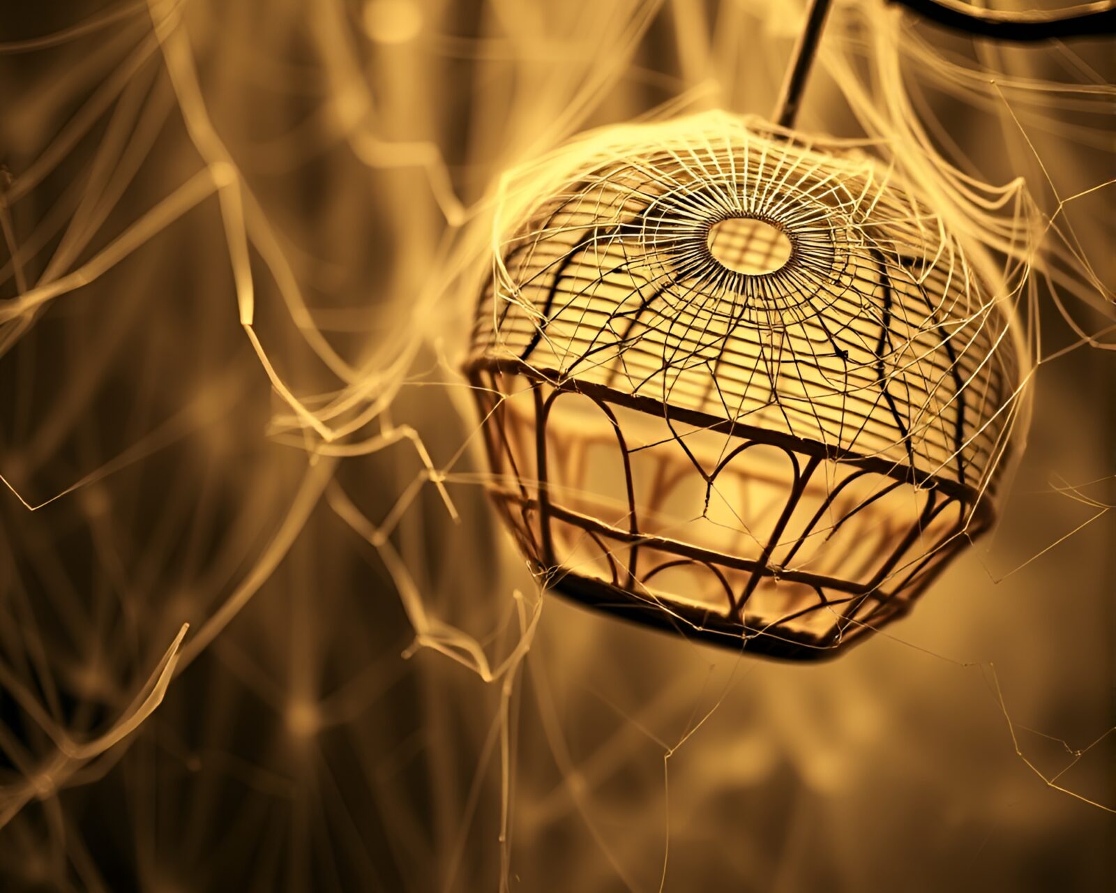 Abstract fractal art of a dim sum basket covered in cobweb strands with sepia tones
